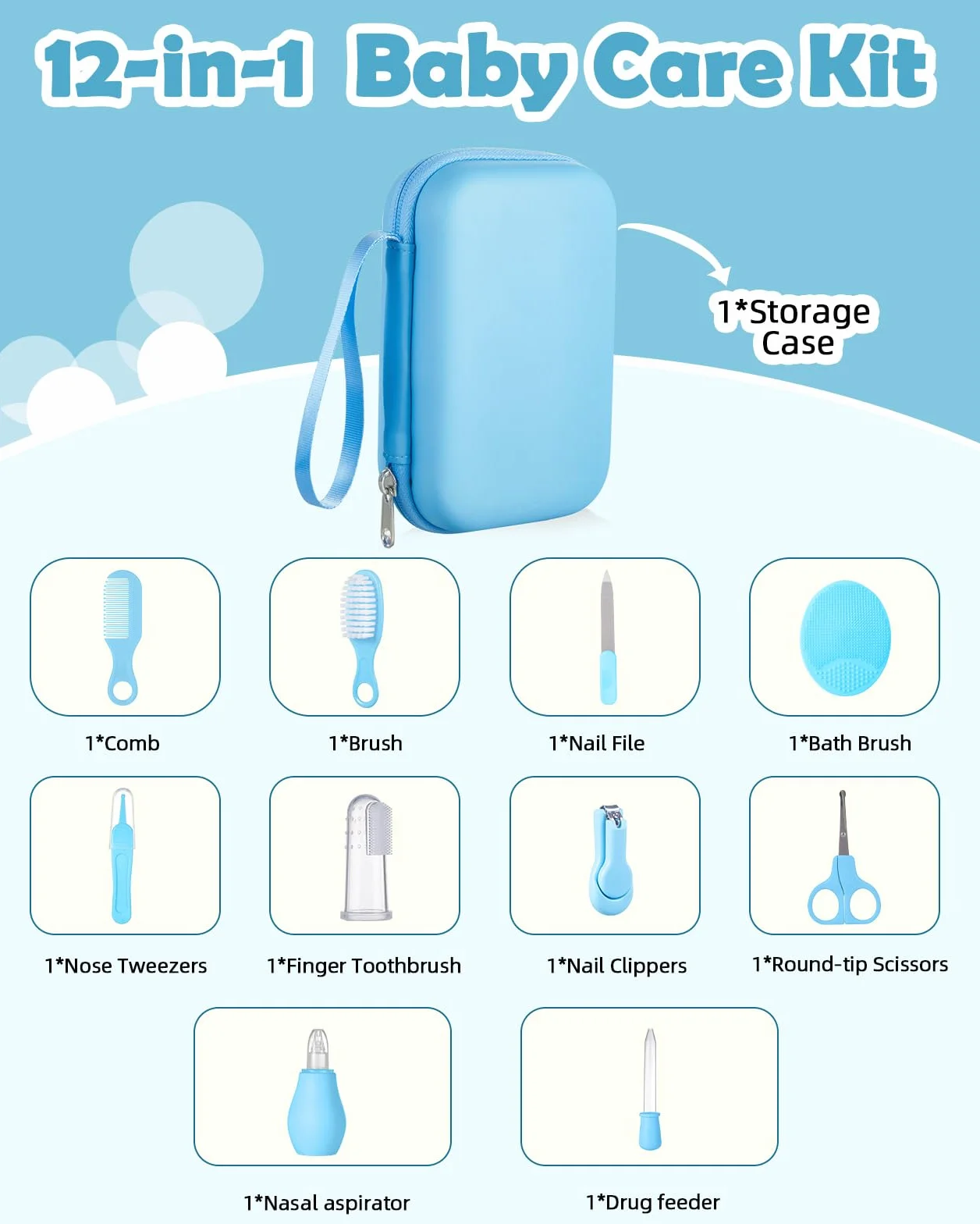 Lictin Set per la Cura del Bambino - 12 Pezzi Beauty BabyCare, prodotti per l'infanzia, set per la cura del bambino da viaggio e di uso quotidiano (Blu)