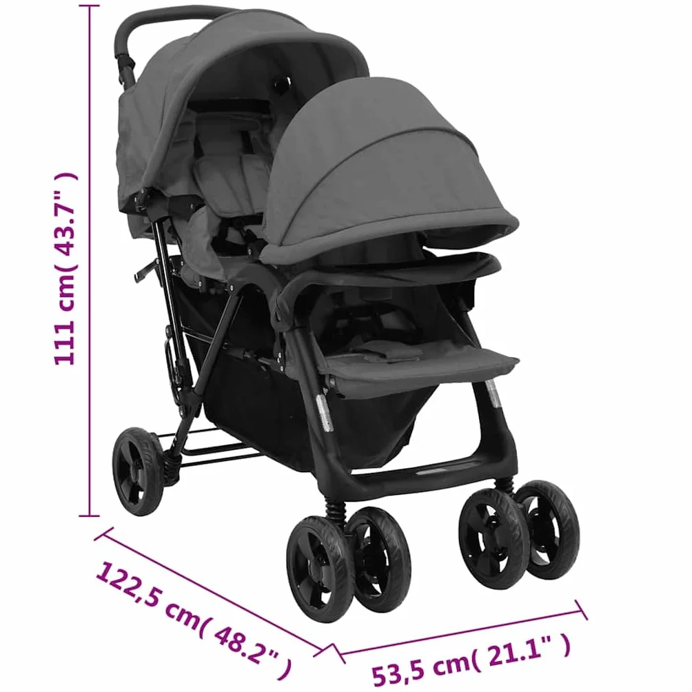 vidaXL Passeggino Gemellare a Tandem Grigio Scuro in Acciaio