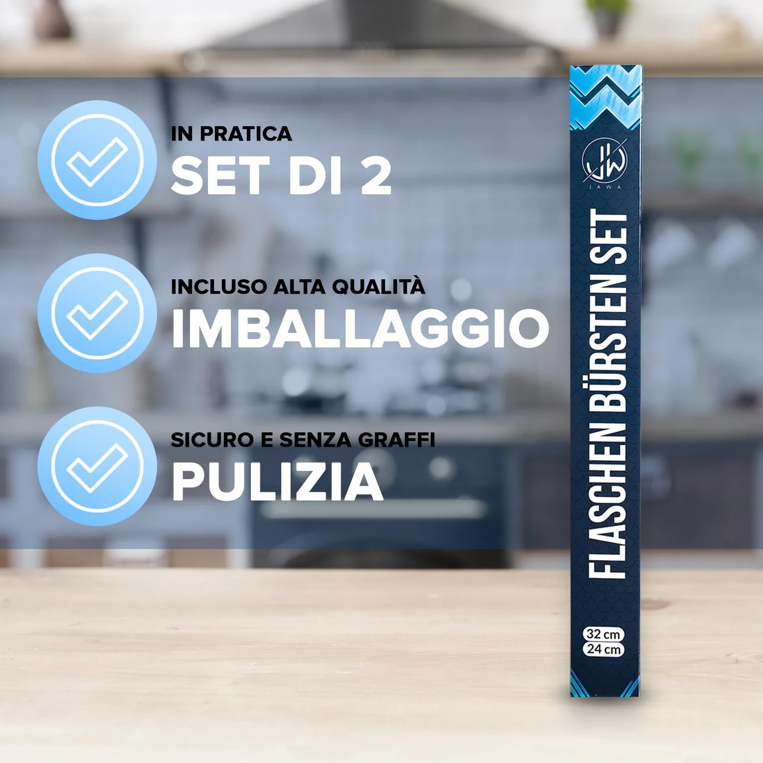 JAWAonline Set di spazzole per lavello 32 cm e 24 cm - Spazzola per bottiglie in silicone delicato e senza graffi - Spazzola flessibile per la pulizia delle bottiglie