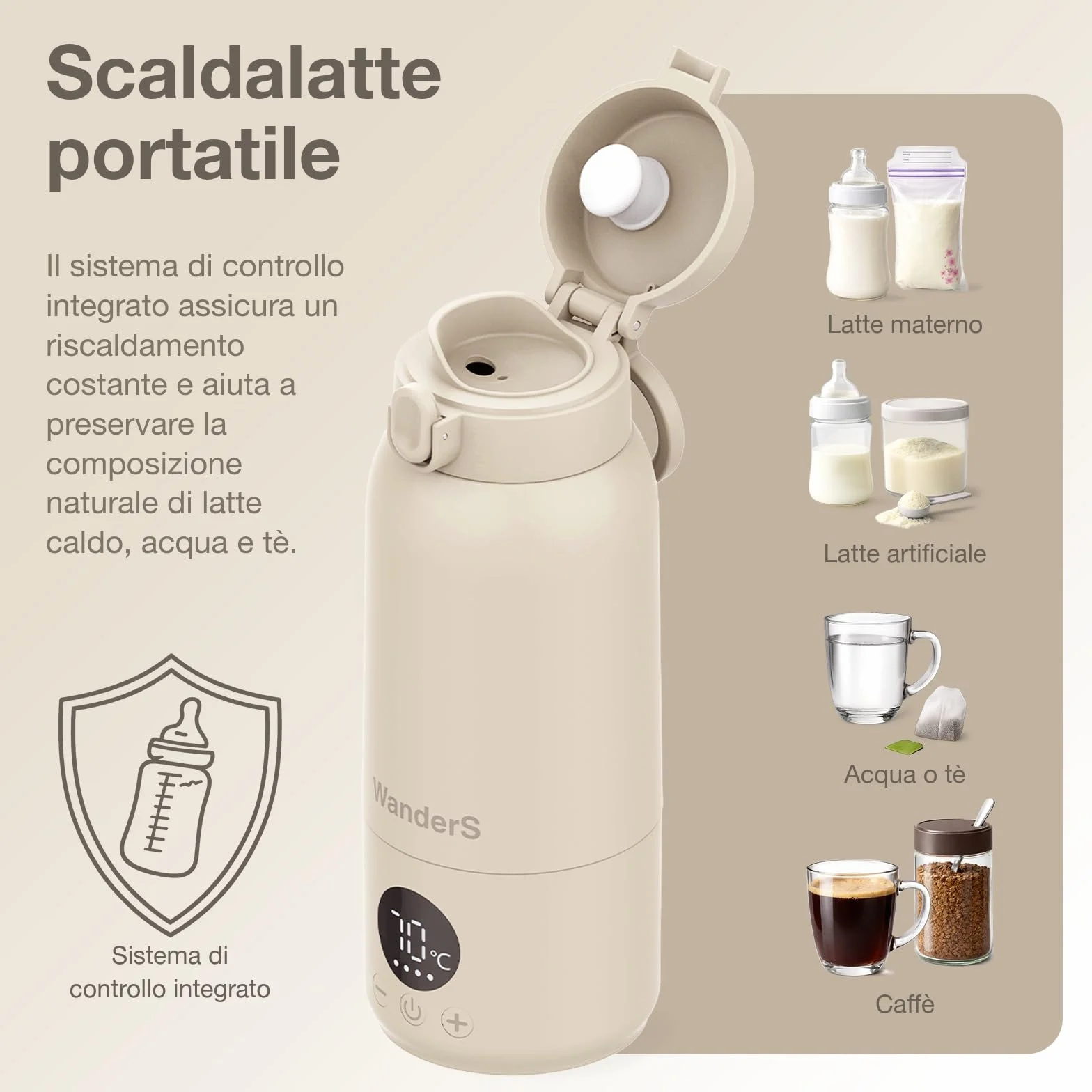 Scaldabiberon Portatile di WanderS – 500ML Scaldabiberon da Viaggio - Controllo della Temperatura, Sterilizzazione, Acciaio Inossidabile 316L, Ricarica USB-C, Impermeabile IPX6 e Blocco di Sicurezza