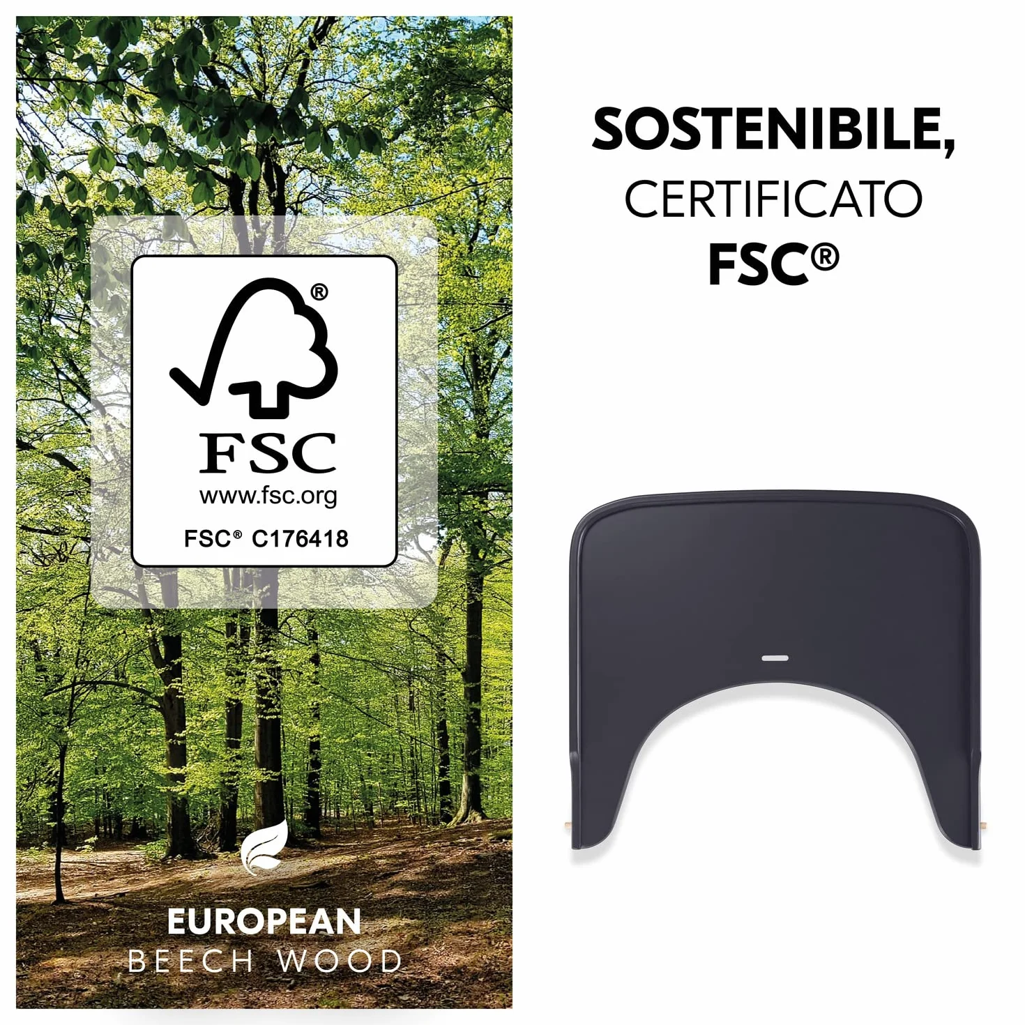 hauck Alpha Wooden Tray, Grigio Scuro - Vassoio in Legno Compatibile con Seggiolone Pappa Alpha+ e Beta+ per Bambini 6-36 Mesi, con Bordo Rialzato e Cert. FSC®
