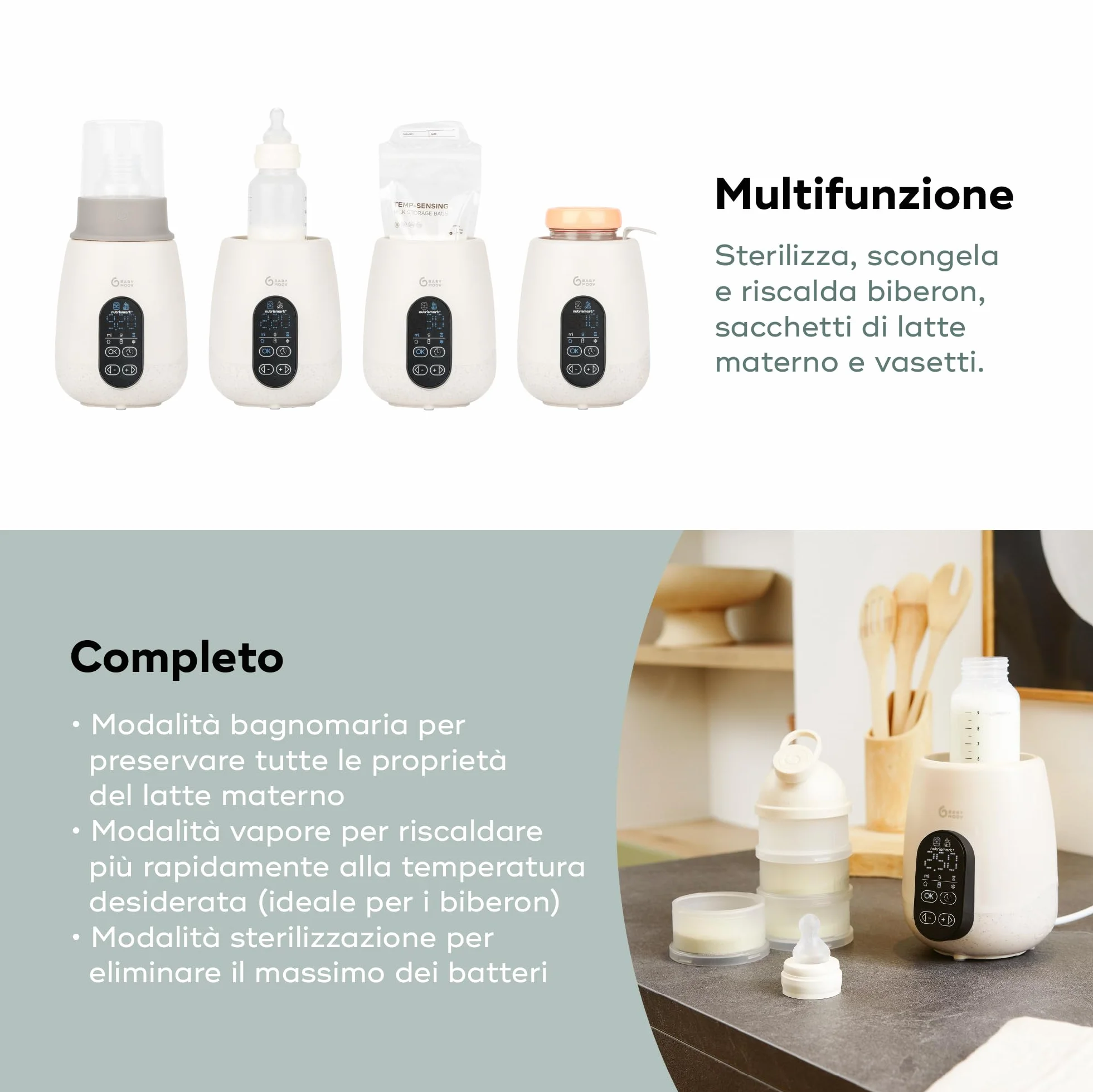 Babymoov Scaldabiberon e sterilizzatore NutriSmart(+) - Portatile - Casa e auto - Adattatore, cestello e coperchio inclusi - Riscaldamento programmabile - Funzione di mantenimento del calore per 1 ora