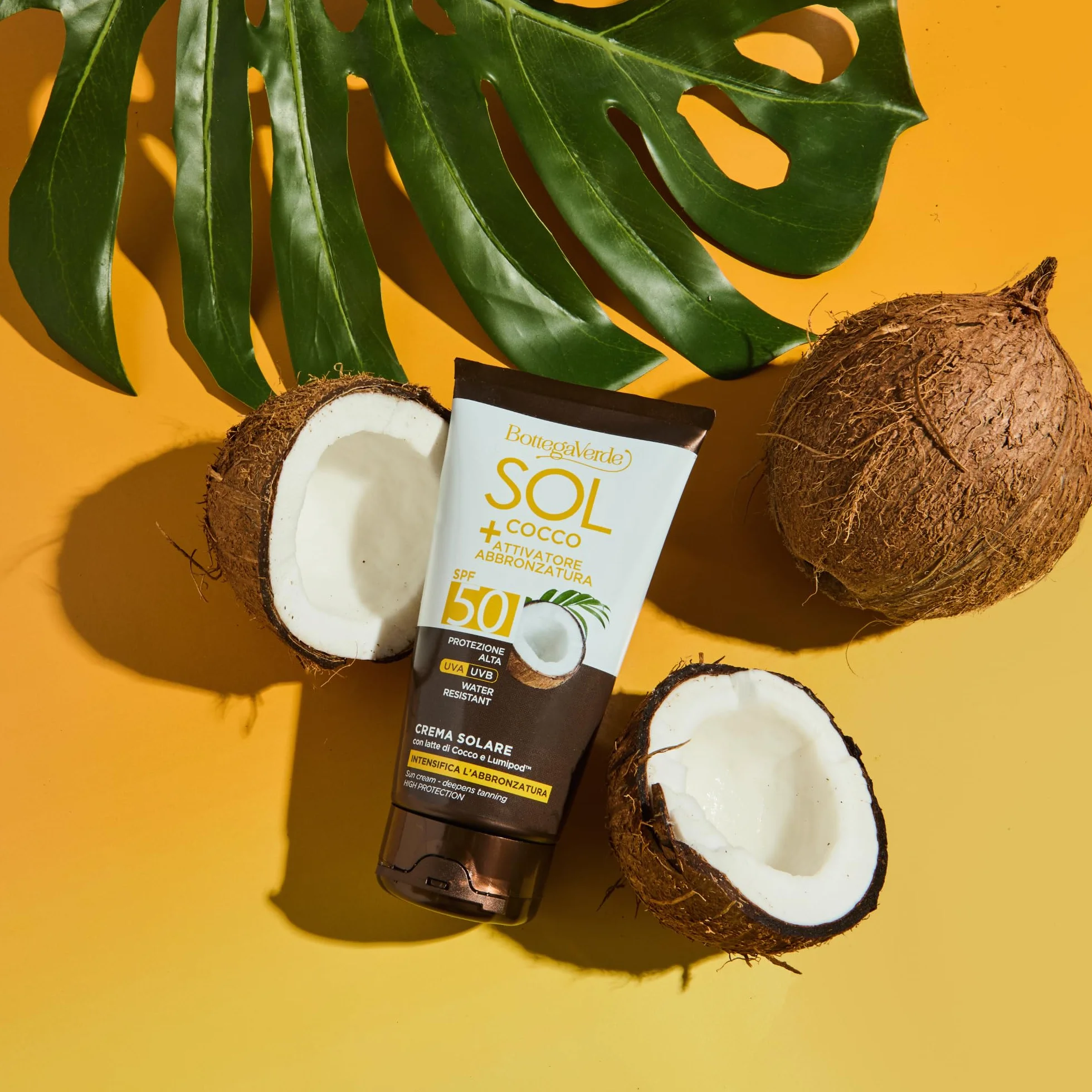 Bottega Verde - SOL Cocco + Attivatore di abbronzatura, Crema solare, intensifica l'abbronzatura, 150 ml, con latte di Cocco e Lumipod™, water resistant, protezione alta SPF50