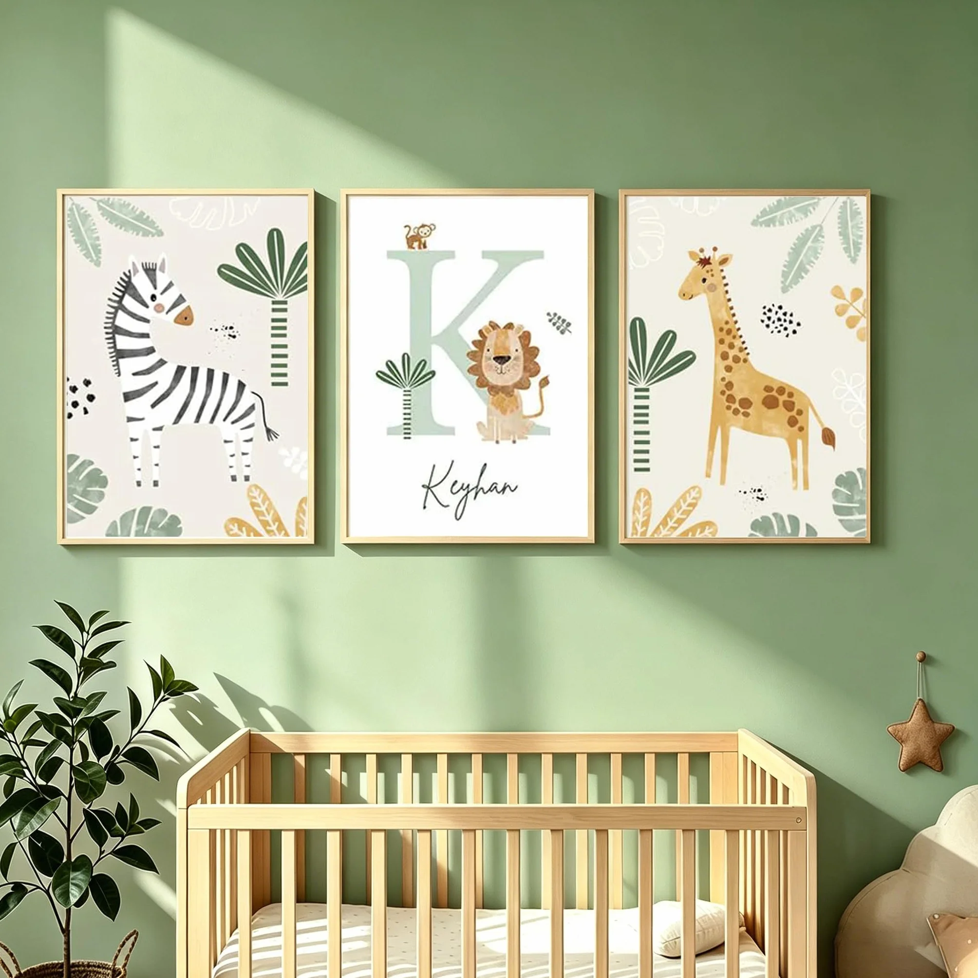 3 Quadri Giungla Bambini 30 x 40 Quadretti Personalizzati Bimba Poster Cameretta Neonato con Iniziale Nome Beige Verde Boho Stampe per Cameretta Ragazzi Zebra Giraffa Quadro Tela Senza Cornice