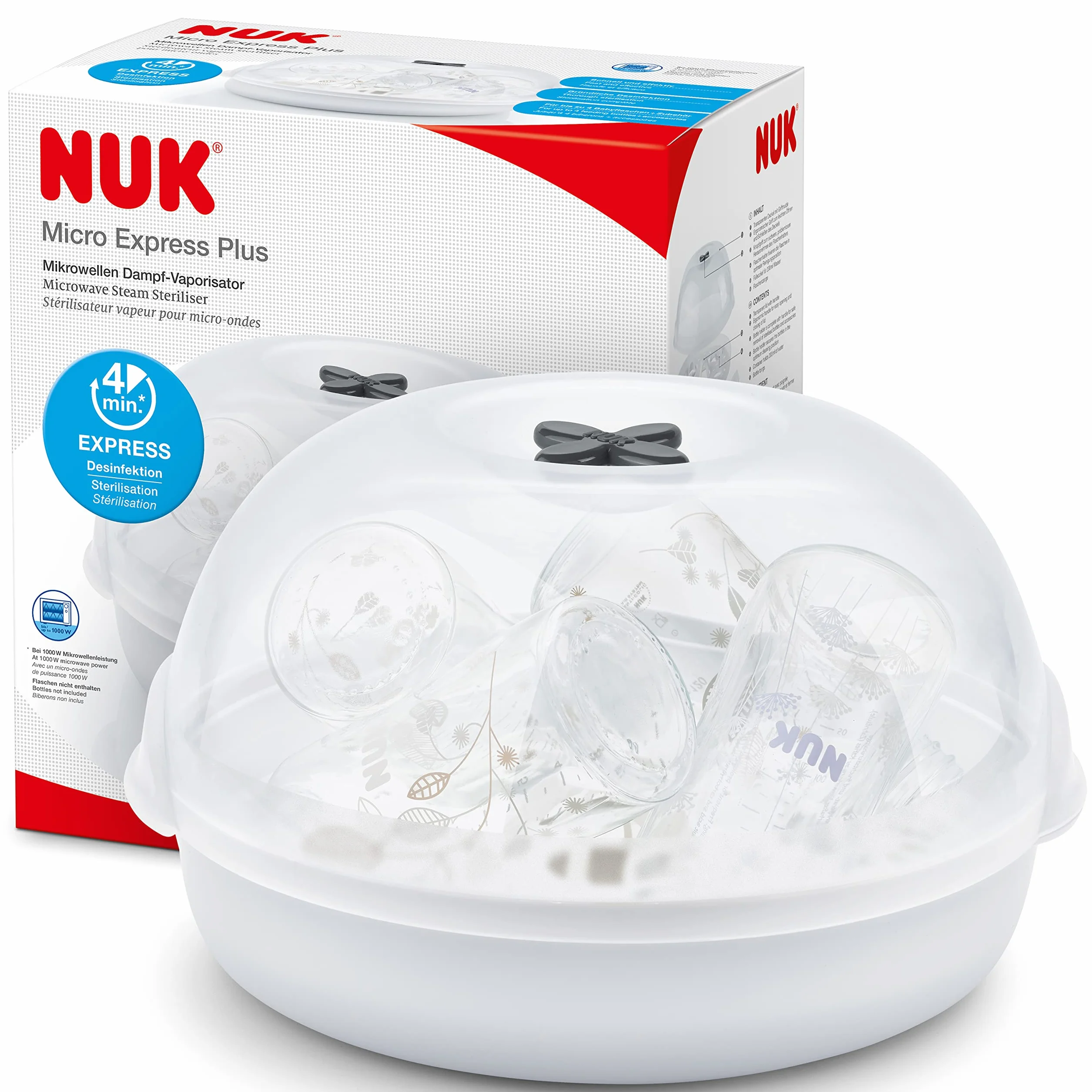 NUK Micro Express Plus sterilizzatore biberon per microonde | Sterilizza fino a 4 biberon e accessori in 4 minuti | Compatibile con gran parte dei microonde | Pinze per rimozione igienica