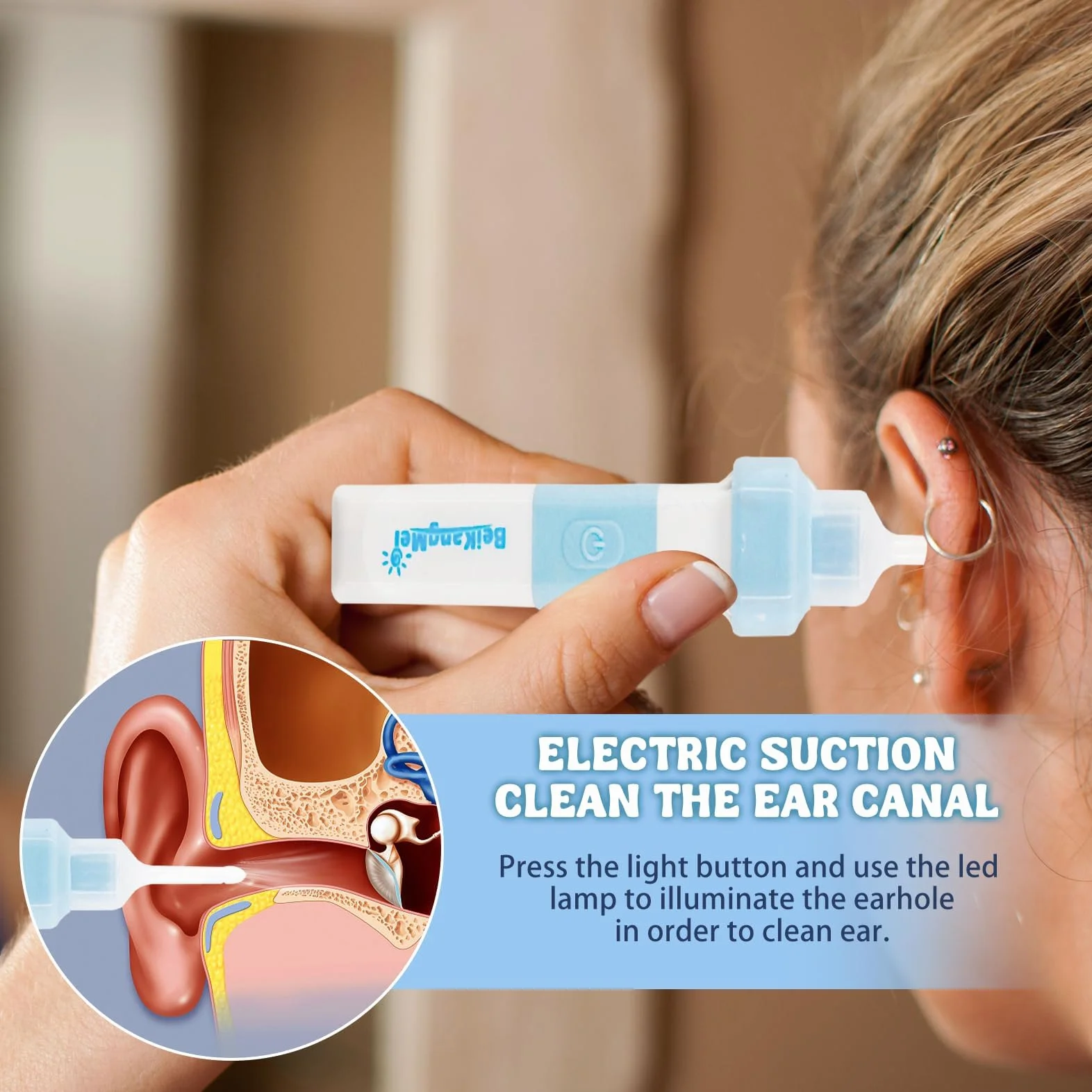 Aspiratore Cerume Orecchie, Aspiratore per la Pulizia Delle Cerume cavo USB, Pulisci Orecchie Elettrico con 2 testine, Comodo, Morbido, Pulizia Orecchie per adulti e bambini