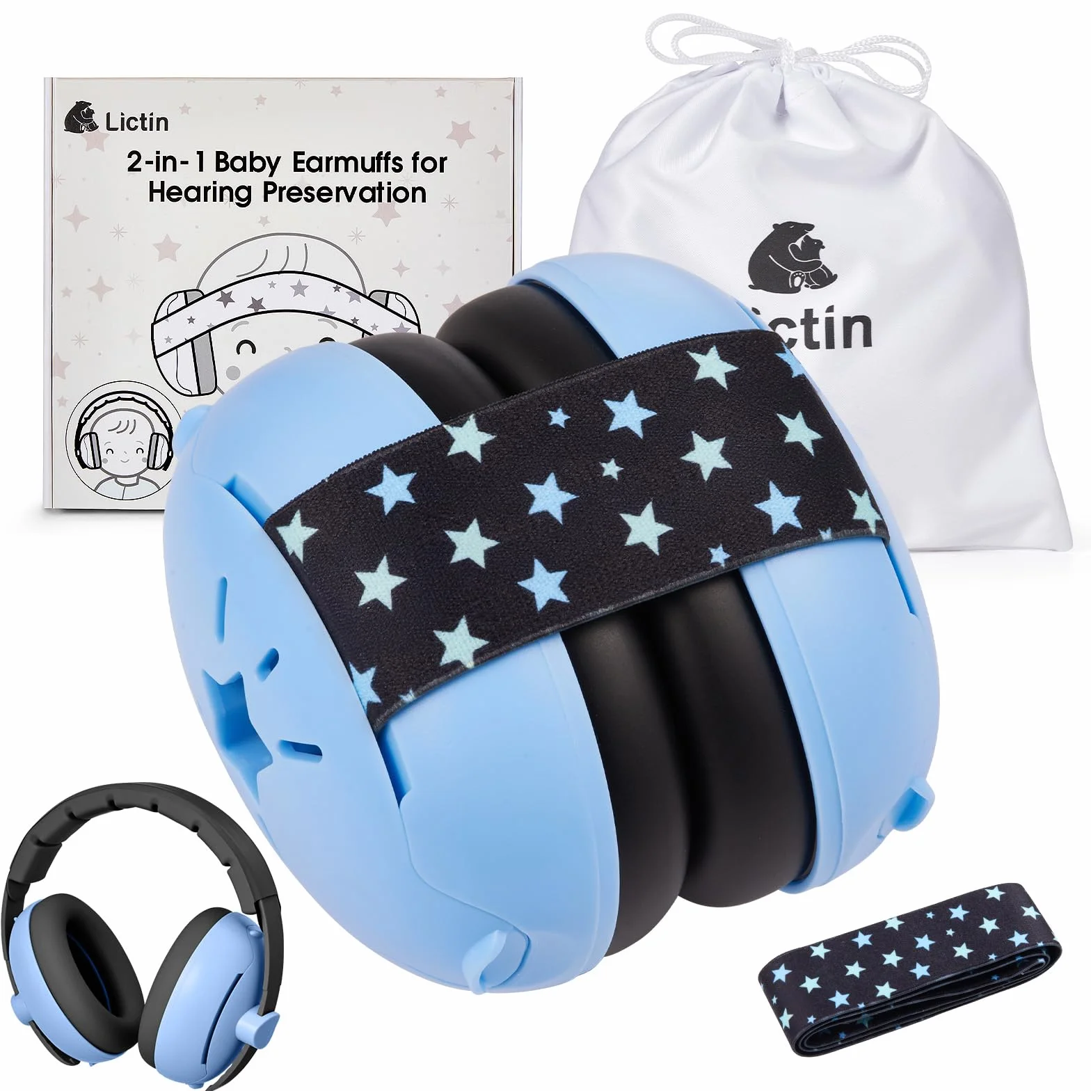 Lictin 2 in 1 Cuffie Neonato Antirumore -25dB,Protettori acustici per neonati, archetto regolabile, antiscivolo e antistress, protezione acustica ideale per neonati fino a 48 mesi