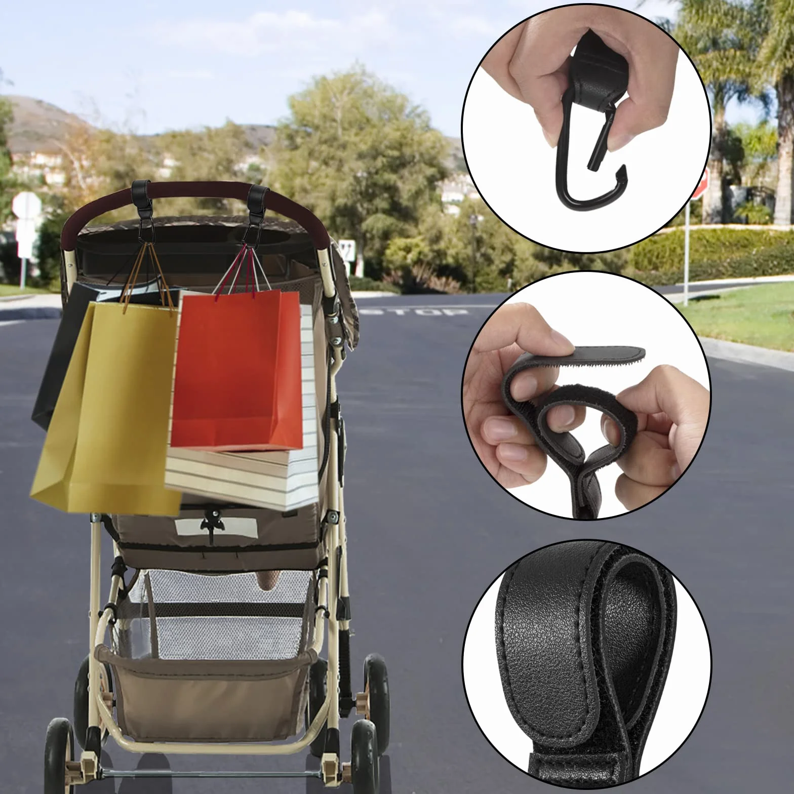 Ganci per Passeggino Ganci Passeggino Pelle Accessori per Carrozzine per Appendere La Spesa Borse per Pannolini 2 Pezzi Nero