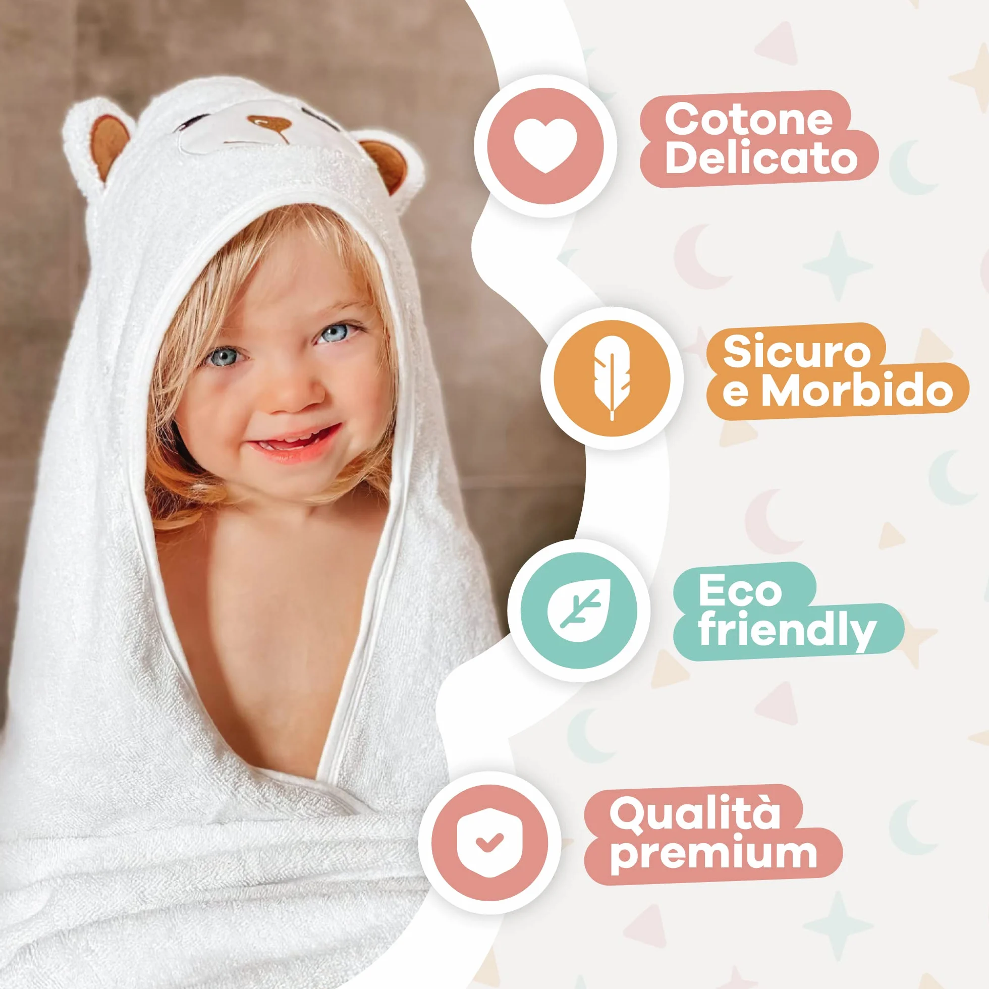 Accappatoio Neonato 6-12 mesi fino a 5 anni 90 x 90 cm, Asciugamano Neonato Bagnetto 100% Cotone Naturale, Soffice e Delicato per la Pelle- Accappatoio bambino a forma di orsetto (Orsetto)