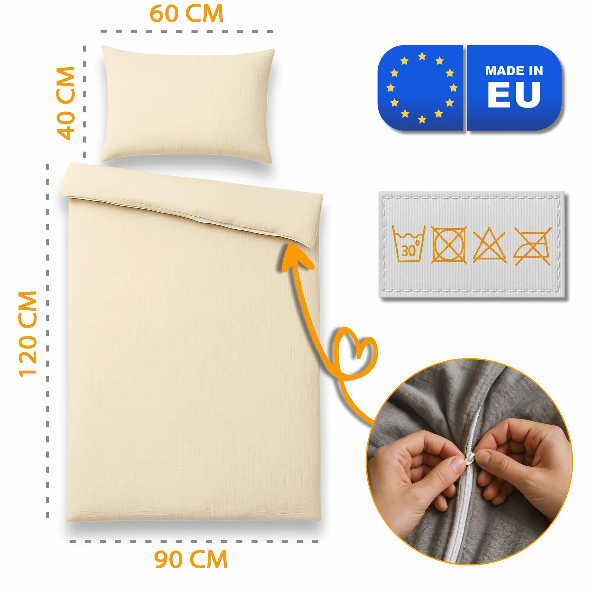 Totsy Baby mussola Copripiumino lettino neonato 100x135cm - Cotone parure di copripiumini per culla Set lenzuolo per piumino Beige chiaro con federe 60 x 40 cm certificazione Oeko-Tex