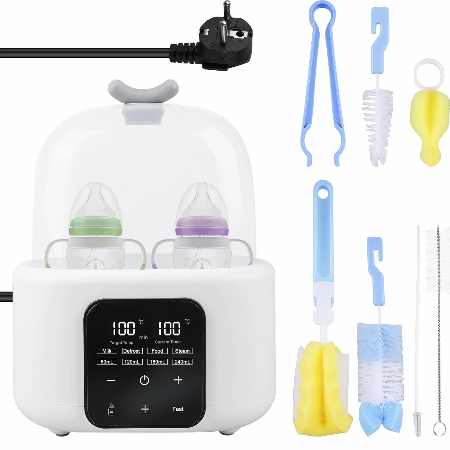 Scaldabiberon 6 in 1, sterilizzatore per biberon, scaldabiberon con spazzola per bottiglie/clip, doppio bicchiere scalda biberon con sterilizzatore, controllo della temperatura, per riscaldare e