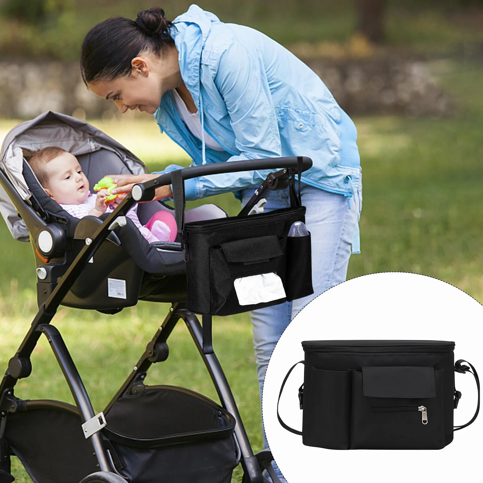 BouGPeng Borsa Organizer per Passeggino con Cerniera e Tracolla e Portabicchieri Universale Portaoggetti da Appendere Passeggino Impermeabile Nero Organizzatore per Passeggino Bambini