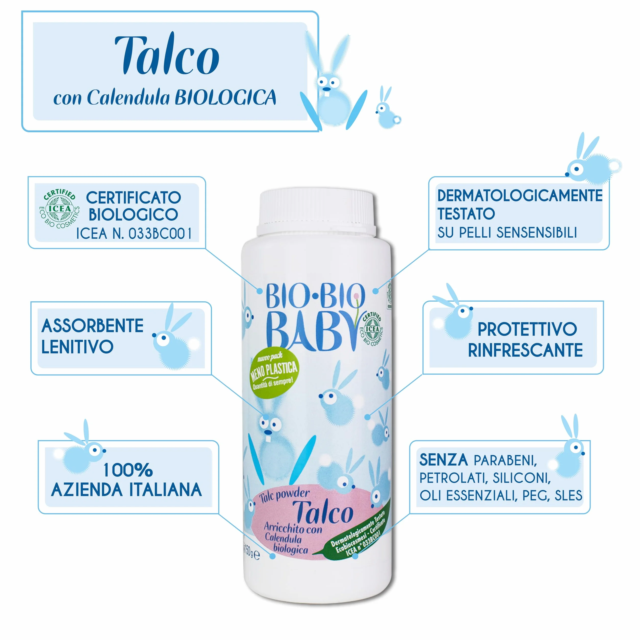 Pilogen Carezza - Bio Baby, Talco alla Calendula 100% Biologico, per Neonati e Bambini, Rinfrescante, Assorbente e Lenitivo, Ideale per la Pelle Sensibile, Formulazione in Polvere, 150 gr
