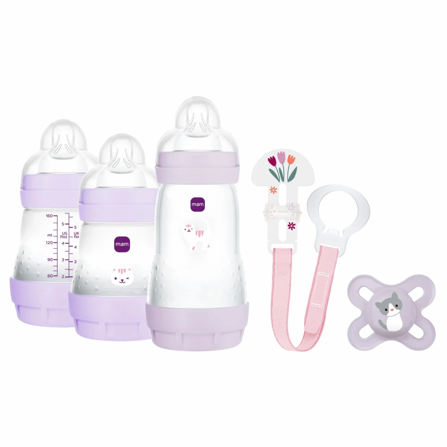 MAM Set de Recién Nacido, Set Regalo, Incluye: 2 Biberones Anticólico de 160ml, 1 Biberón Anticólico de 260ml, 1 Chupete Original Start, 1 Broche para Chupetes, a partir de 0 meses, Rosa