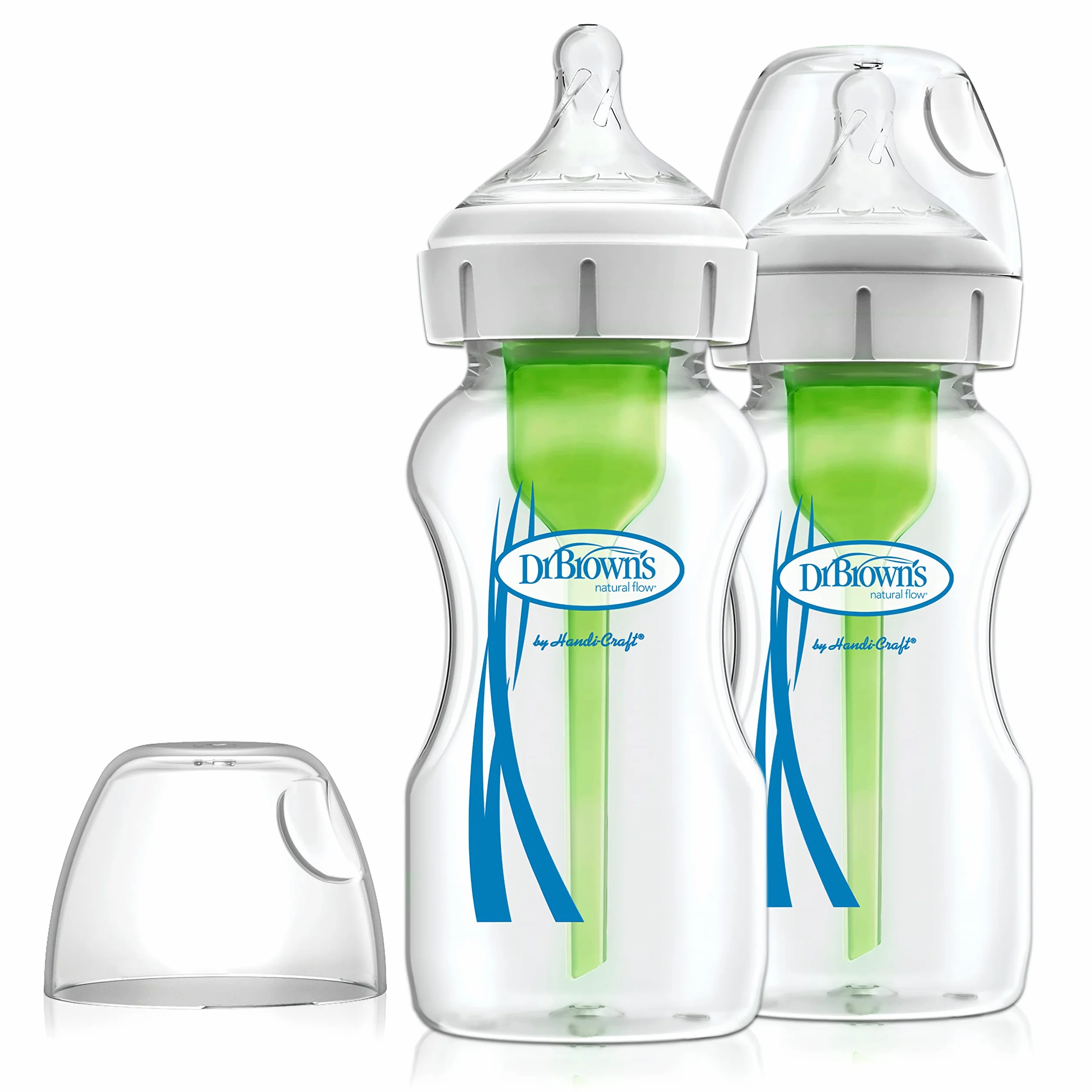Dr. Brown's Natural Flow Anti-Colic Options+ biberon in vetro a collo largo, 9 oz/270 ml, con tettarella a flusso lento di livello 1, confezione da 2 (l'imballaggio può variare)