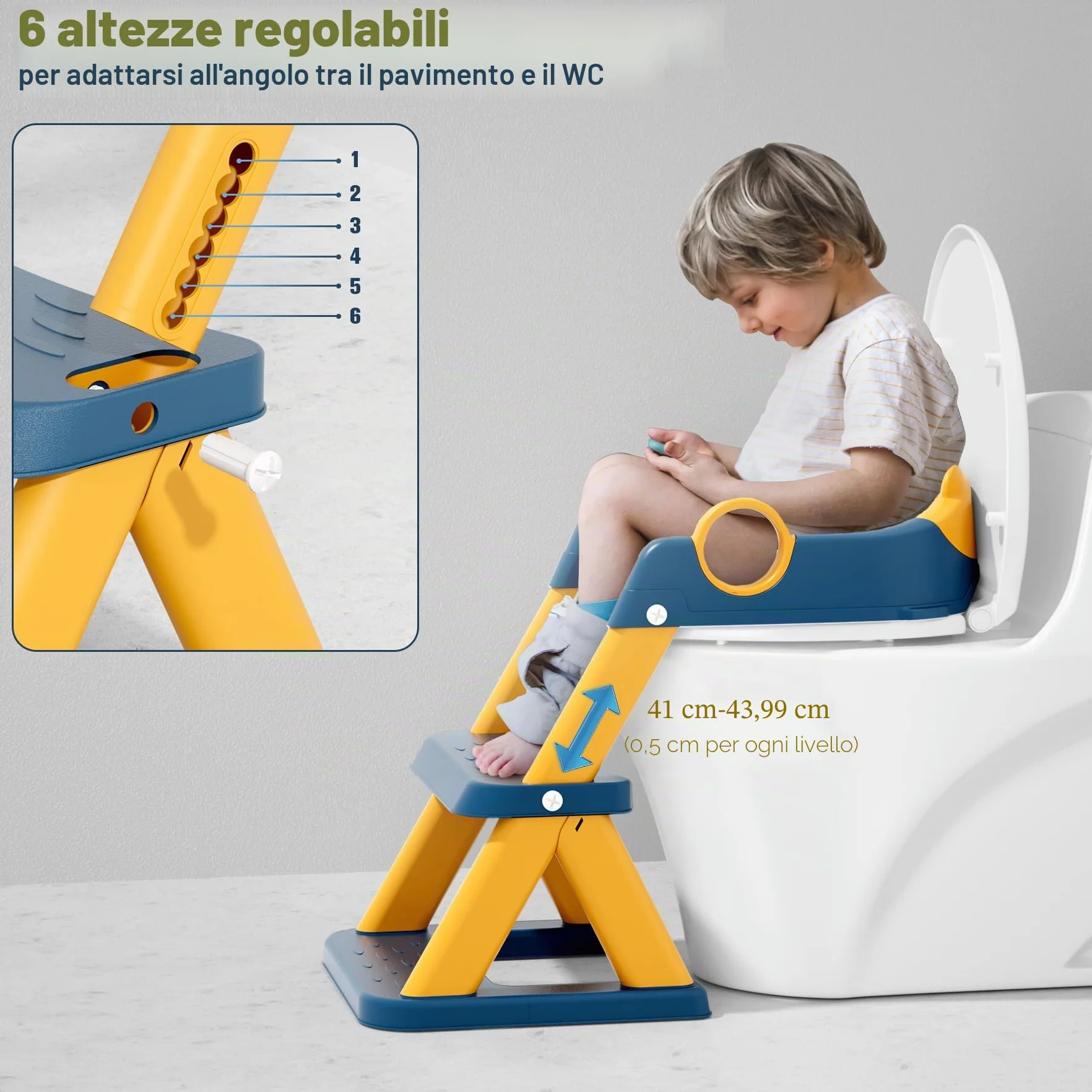 Riduttore wc bambini, sedile rialzato maschi e femmine, pedana antiscivolo anti-spruzzo scala per water,Blu Giallo