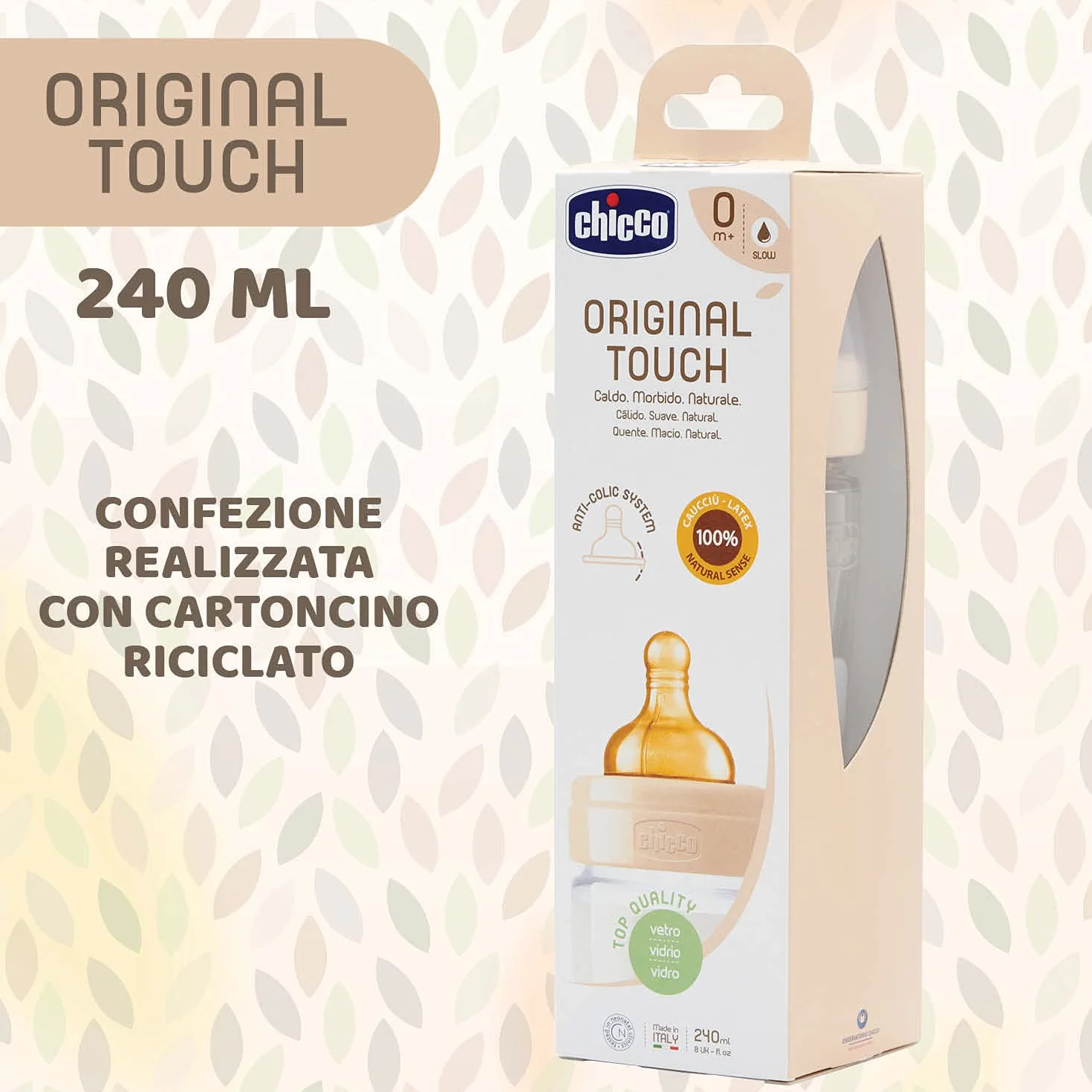 Chicco Original Touch Biberon, Vetro, Neutro, Flusso Lento, Beige, 240 ml