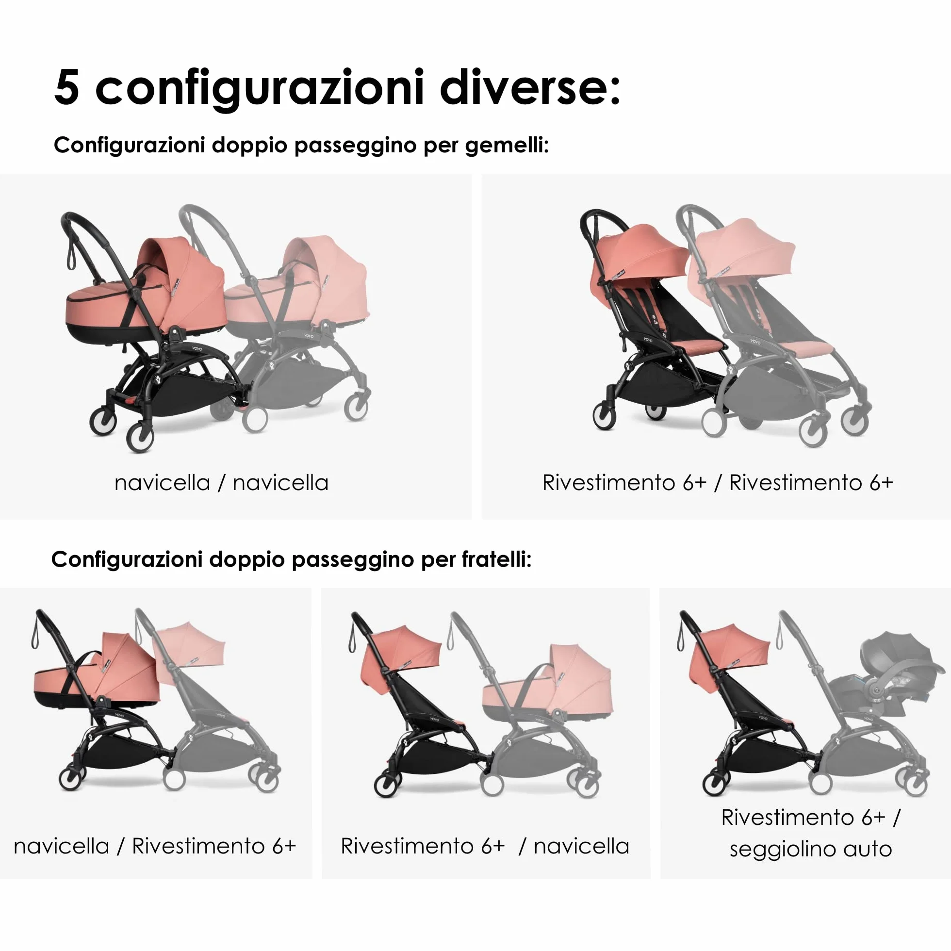 BABYZEN YOYO Connect, Bianco - Trasforma il tuo passeggino YOYO2 in un passeggino doppio - Compatto e maneggevole