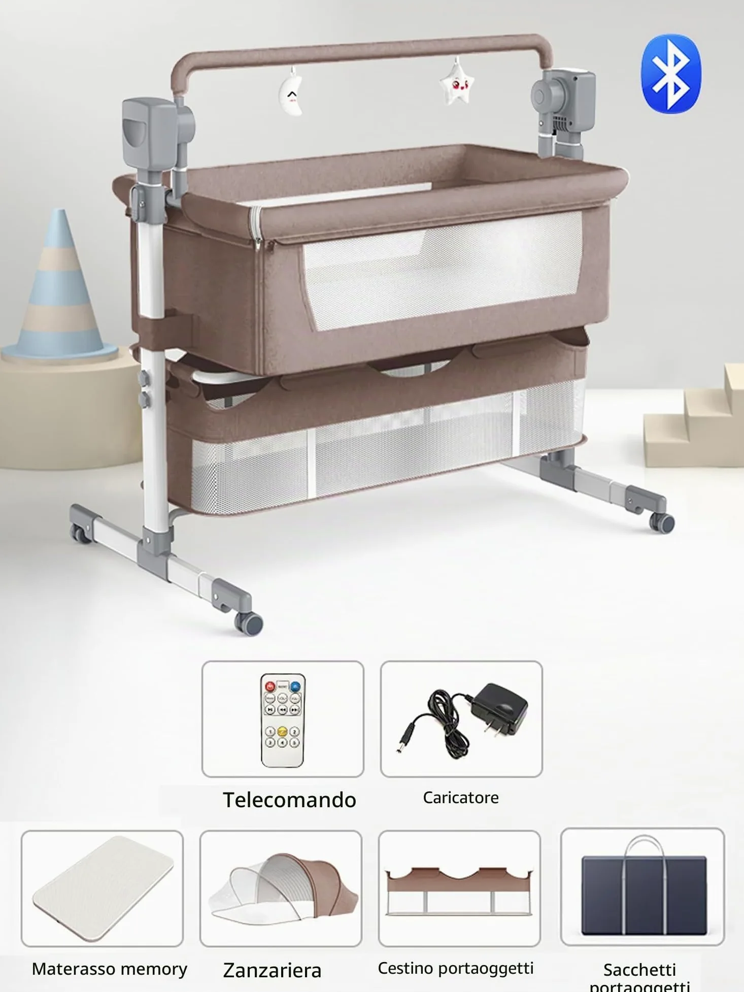 Nine point nine Elettrico Bluetooth Intelligente Culla Next to Me, Culla Neonato Fianco Letto, Convertibile Co-sleeping per Bambini Pieghevole con Musica 5 Ingranaggi Ondeggianti (601 Khaki)