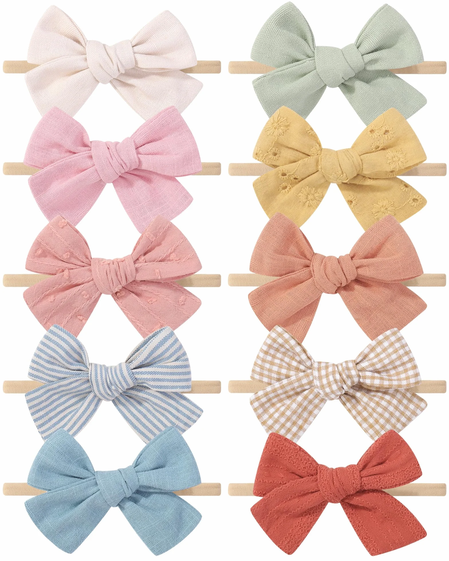 10PZ Fascia Capelli Neonata Fiocchi di Nylon Cotone Lino Hairbands Handmade Accessori per Capelli Bambina e Bambini 3.5Inches