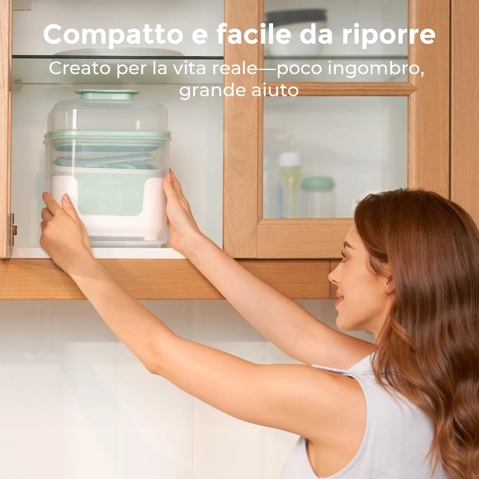 Momcozy Sterilizzatore e Asciugatrice per Biberon, Capacità 6 Biberon, Sterilizzatore Compatto 4 in 1 per Biberon, Parti per Tiralatte e Articoli Essenziali per Neonati, Stendibiancheria Incluso