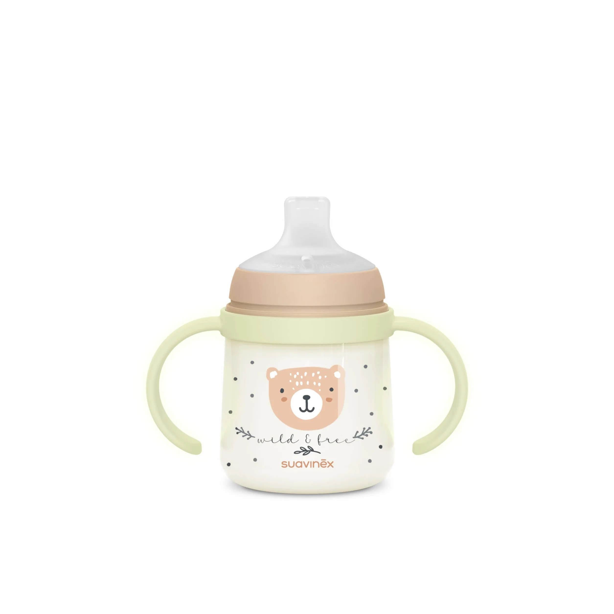 Suavinex, Vaso Aprendizaje Bebé, Taza Antiderrame, Biberón con Asas que Brilla en la Oscuridad, con Boquilla de Silicona y Válvula Anticólico, Ideal para Usar por la Noche, +6 Meses, Wild&Free Beige