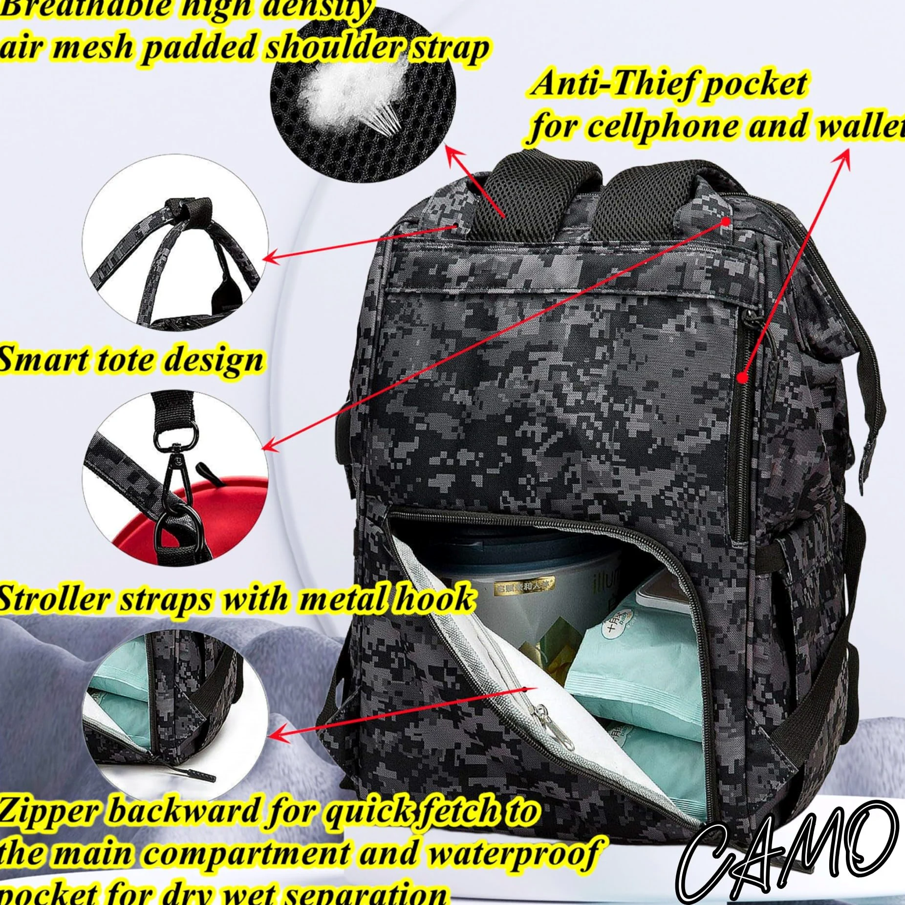 Zaino per pannolini con porta di ricarica USB e tasca isolata, zaino tattico militare da viaggio per papà e mamma (adesivo mimetico nero), nero mimetico, Large, Borse per pannolini