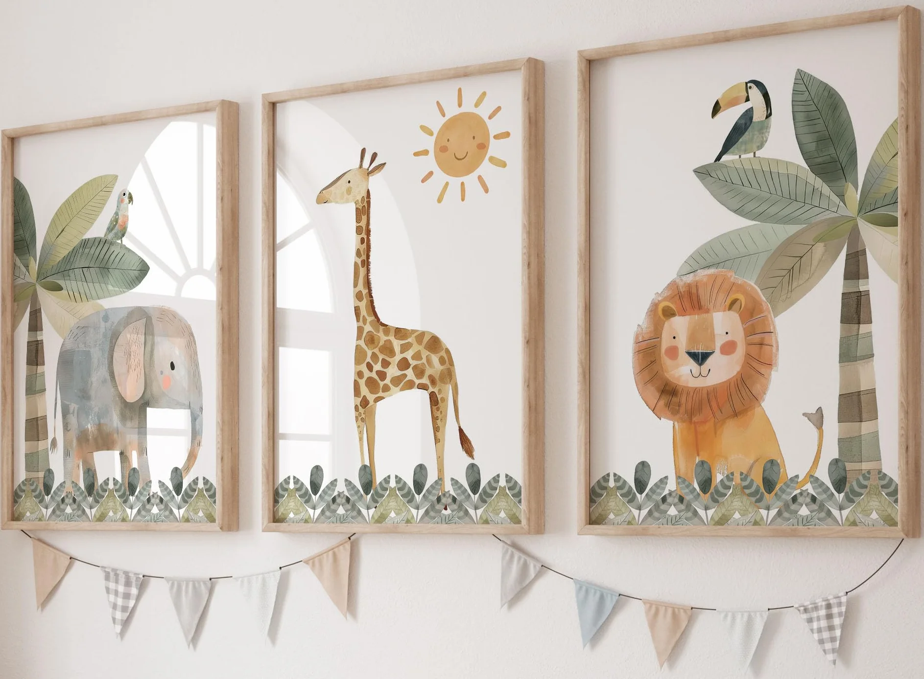 Eviepops Prints Quadri Cameretta Safari – Set di 3 Stampe Animali Acquerello Elefante, Giraffa, Leone Toni Neutri Decorazione Parete Bambini e Sala Giochi (A3)