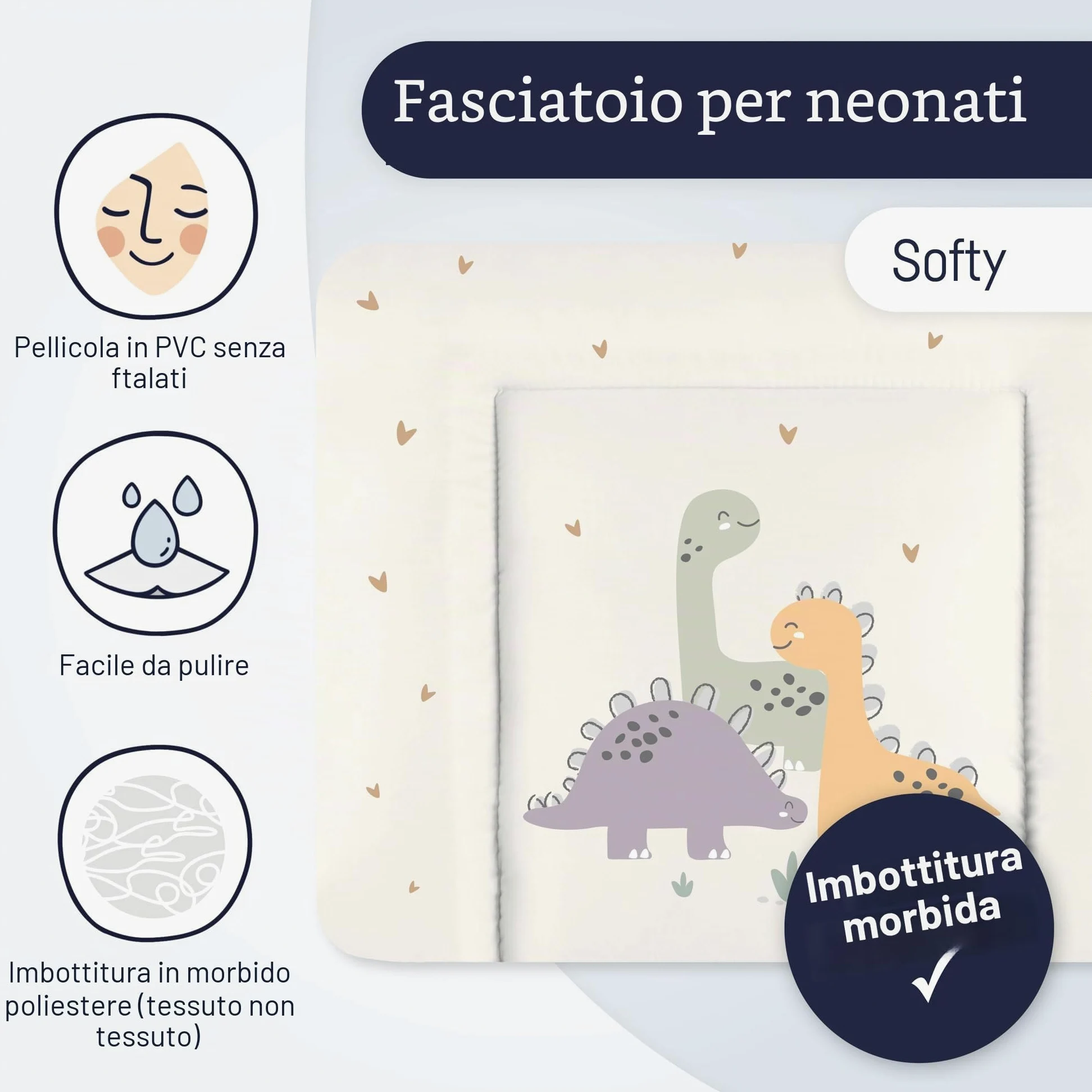 Julius Zöllner Materassino fasciatoio Softy, 65 x 75 cm, impermeabile e lavabile, prodotto in Germania, Oeko-Tex Standard 100, Little Dinos