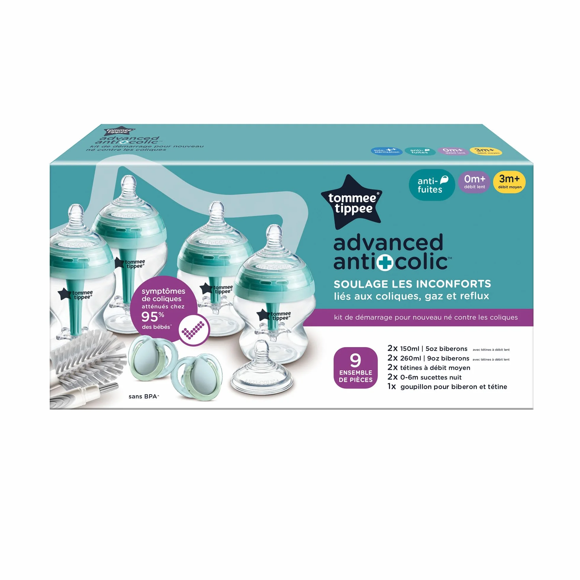 Tommee Tippee Biberon, set starter anti-colica, 4 Biberon con 2 tettarelle a flusso medio, cannuccia anti-colica, accessori per l'infanzia