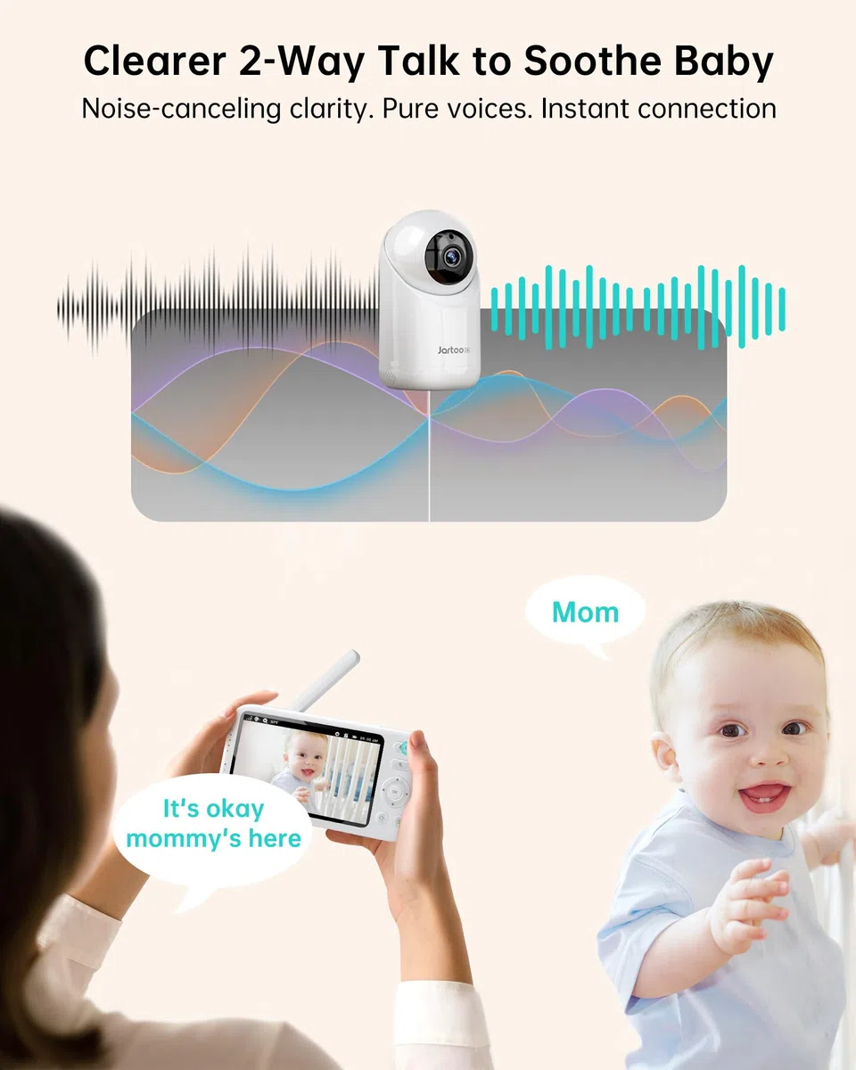 Jartoo Baby monitor con video 2K e videocamera e audio, monitor per bambini a lungo raggio di 567 metri senza WiFi, schermo FHD da 5,5", telecamera per bambini ANC wireless, orologio alimentatore