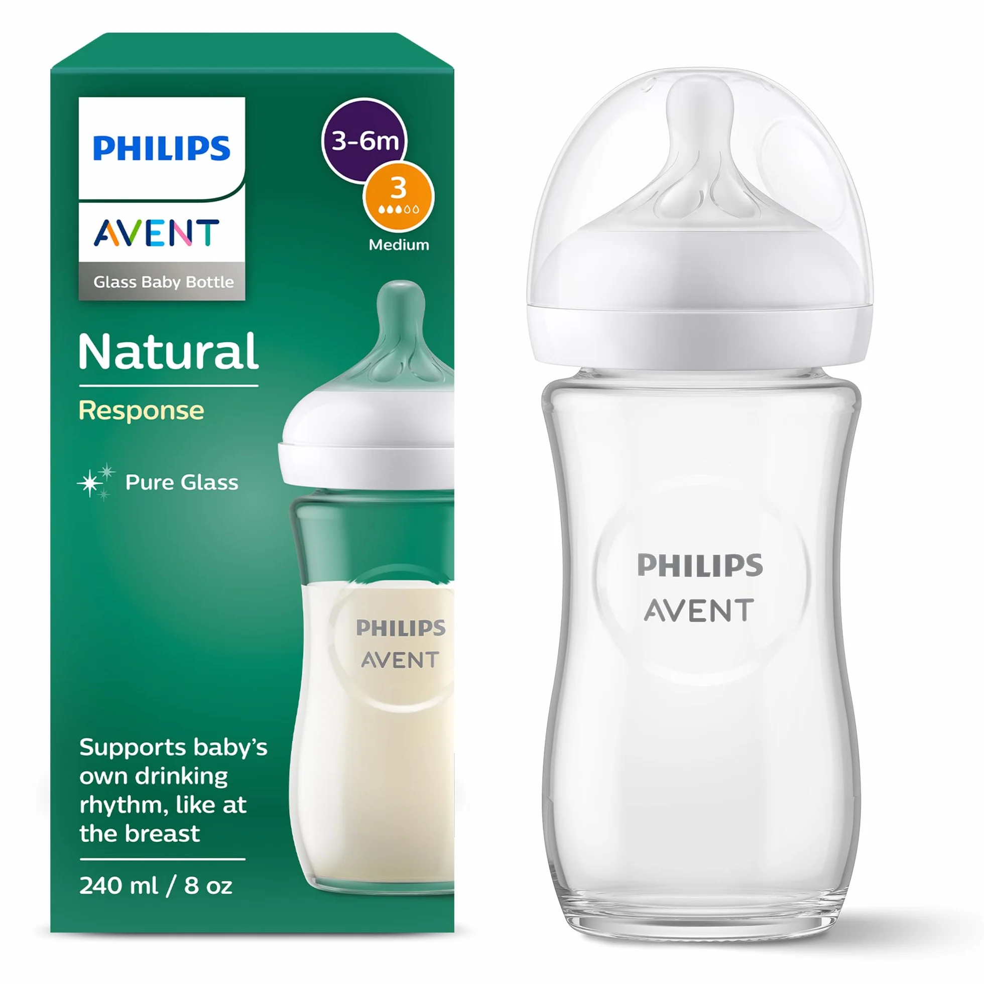 Philips Avent Biberon Natural Response in vetro - Biberon da 240 ml, senza BPA, per neonati da 1 mese in su (modello SCY933/01)