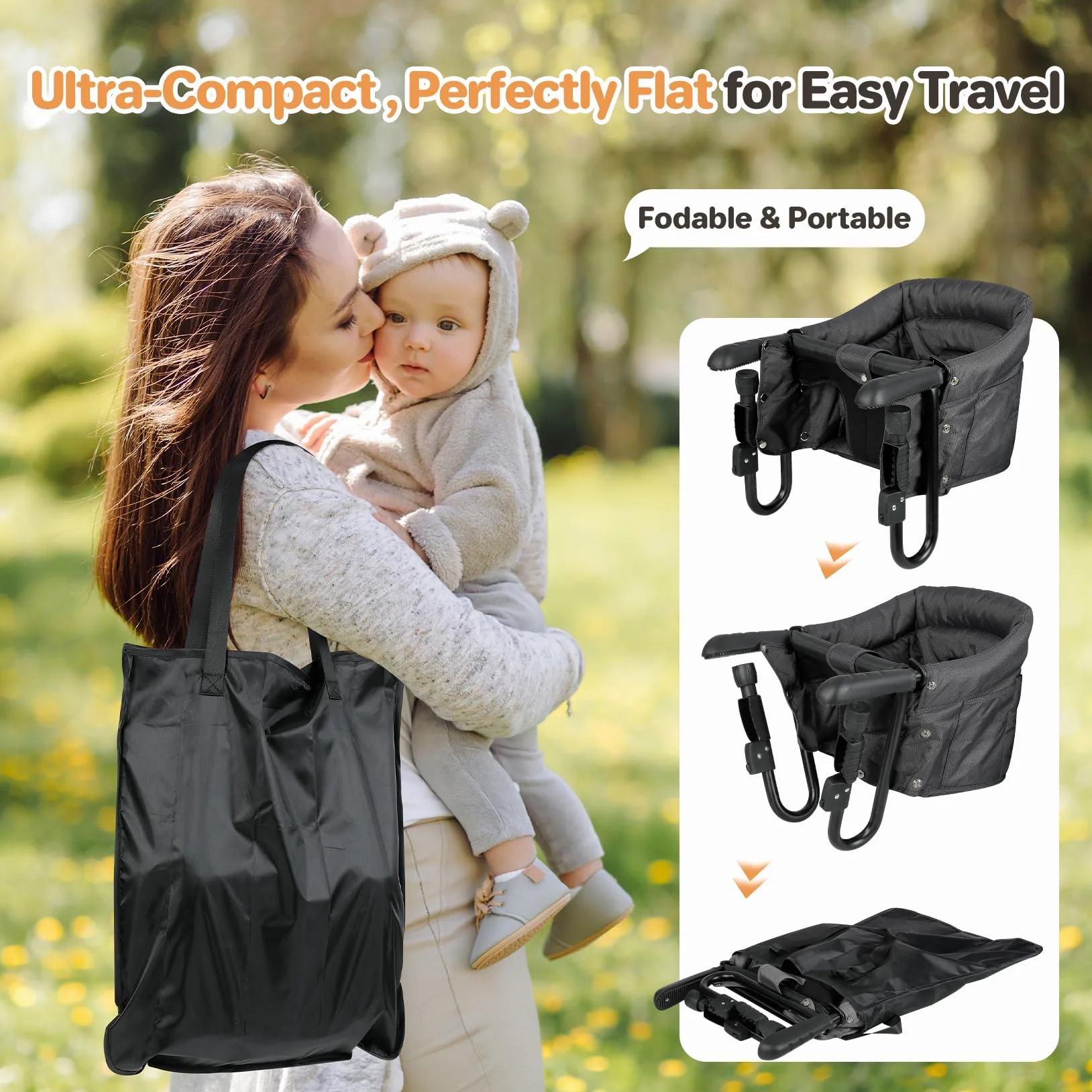 Ezebaby Seggiolone da Tavolo Pieghevole con Cintura di Sicurezza a 5 Punti e Borsa per il Trasporto di Spessore da 2,5 a 7,5 cm(Ferroso senza Vassoio))