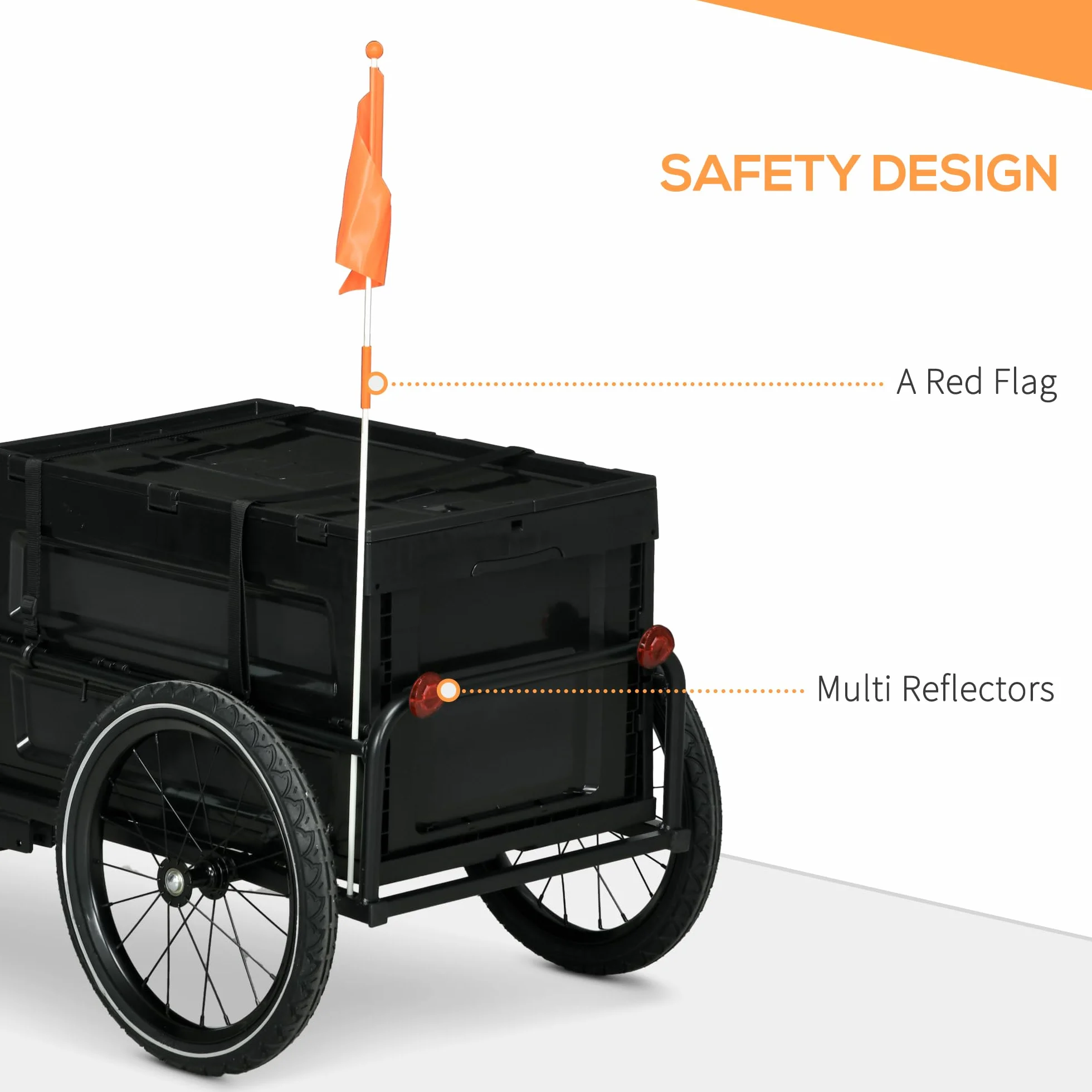HOMCOM Rimorchio per biciclette, carrello portabici, carro per biciclette con cassetta pieghevole da 65L, grandi pneumatici e catarifrangenti sicuri, carico massimo 40KG, nero