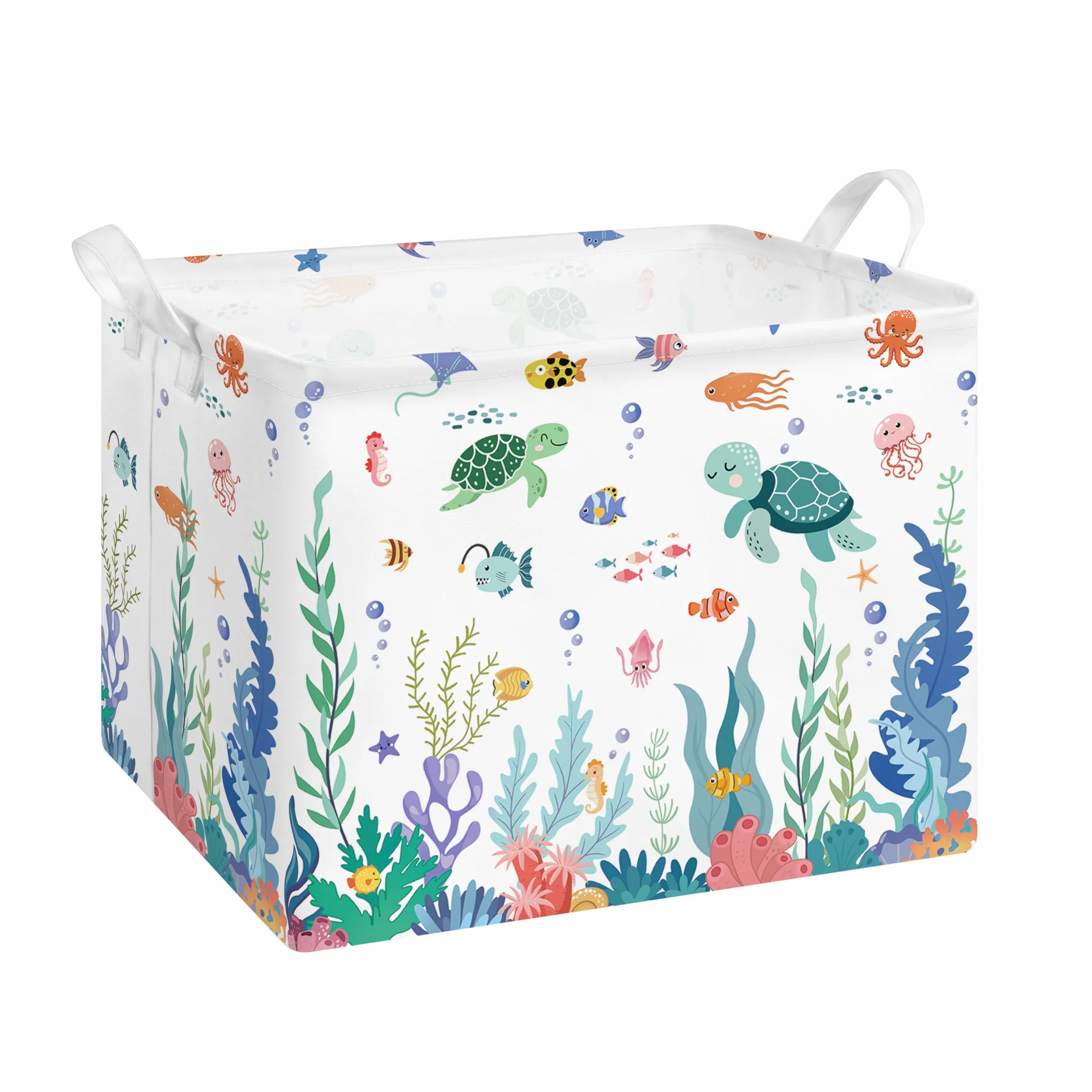 Grande Cesta Portaoggetti con Manico, Impermeabile, Rettangolare, per Vestiti e Giocattoli, Cesta Portaoggetti per Bambini Ragazze e Ragazzi, 40x30x30 cm(Mondo Sottomarino)