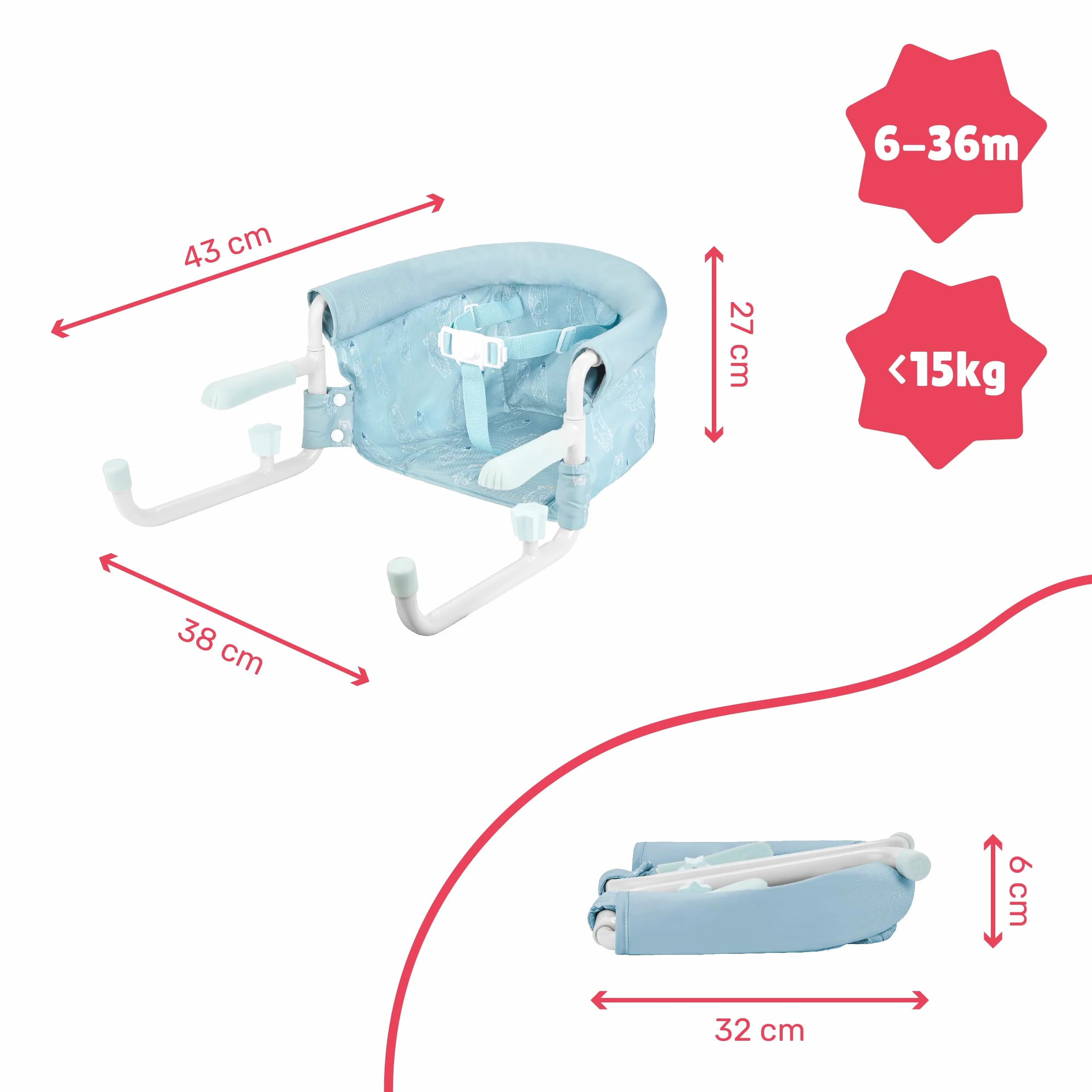 Badabulle seggiolino da tavolo per bambino con cintura a 3 punti, confortevole, chiusura ultra compatta per portarlo ovunque, da 6 a 36 mesi o 15 kg