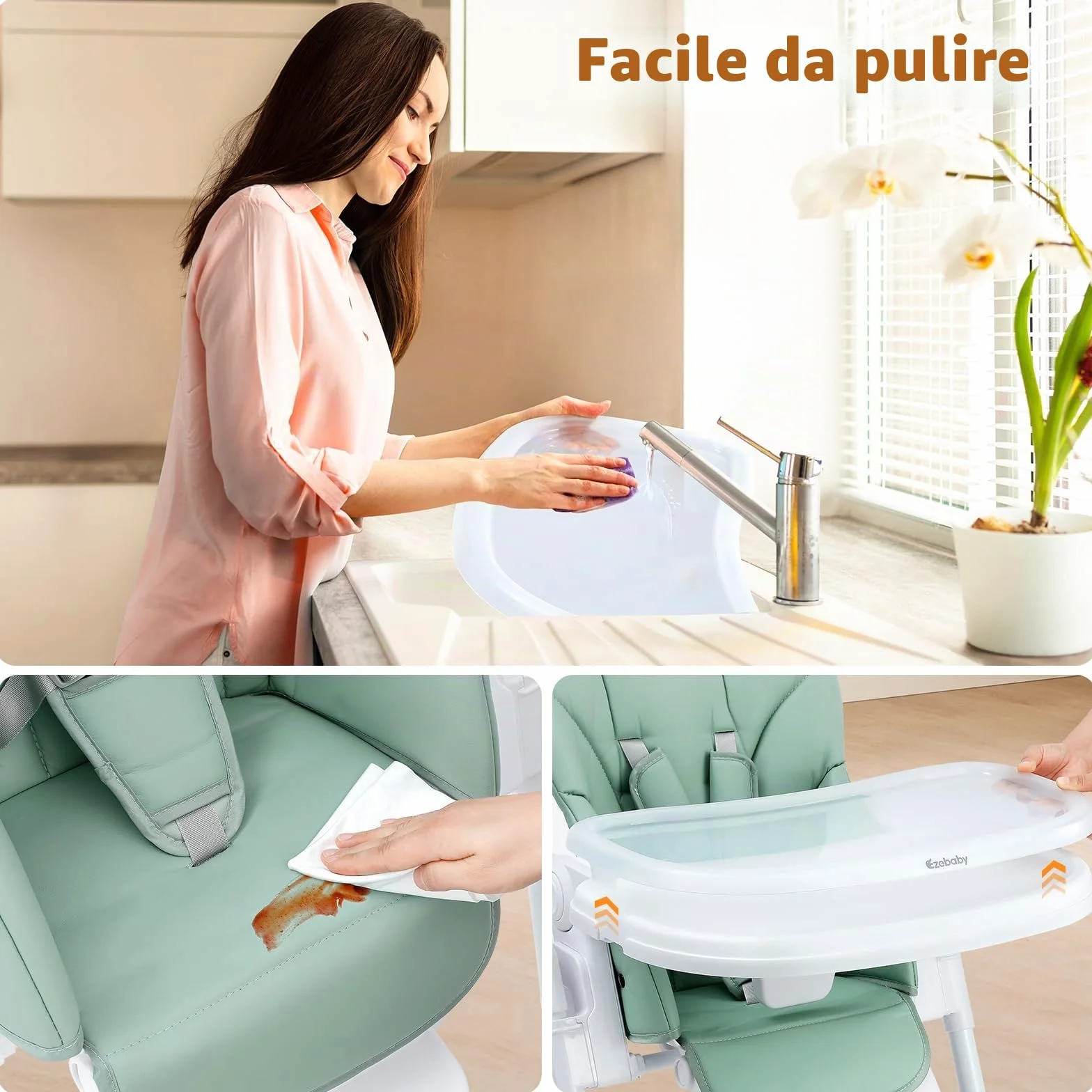Ezebaby Seggiolone Bambini Ergonomico, Confortevole, Reclinabile, Pieghevole, con Altezza Regolabile e Poggiapiedi, Vassoio Staccabile con Ruote e Cintura di Sicurezza a 5 Punti Verde | 7 altezze, schienale reclinabile, doppio vassoio, cintura a 5 punti,