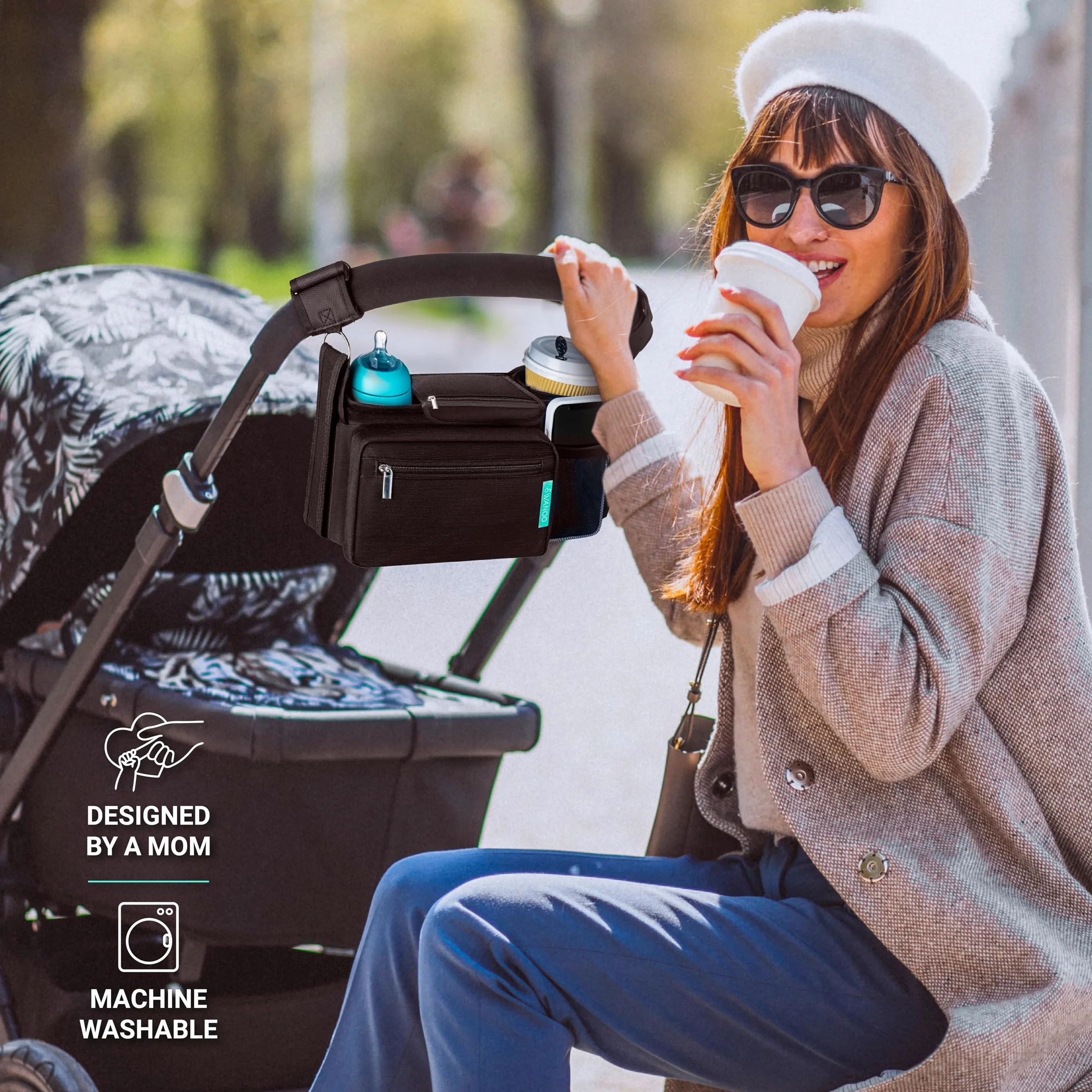 Swanoo - Borsa organizer per passeggino con portabicchieri, cinghie antiscivolo, tasca per telefono, accessori per animali, universale per Uppababby Vista v2 Wonderfold Wagon, Doona e altri.
