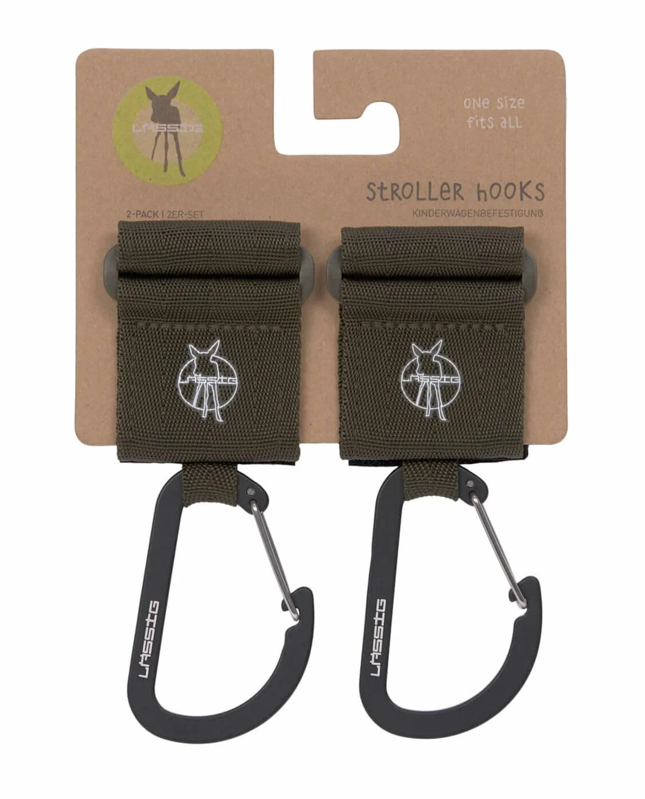 LÄSSIG Attacco per passeggino (2 pezzi) Gancio in velcro moschettone Gancio per passeggino Gancio per la spesa in metallo/Stroller Hooks with Carabiner olive