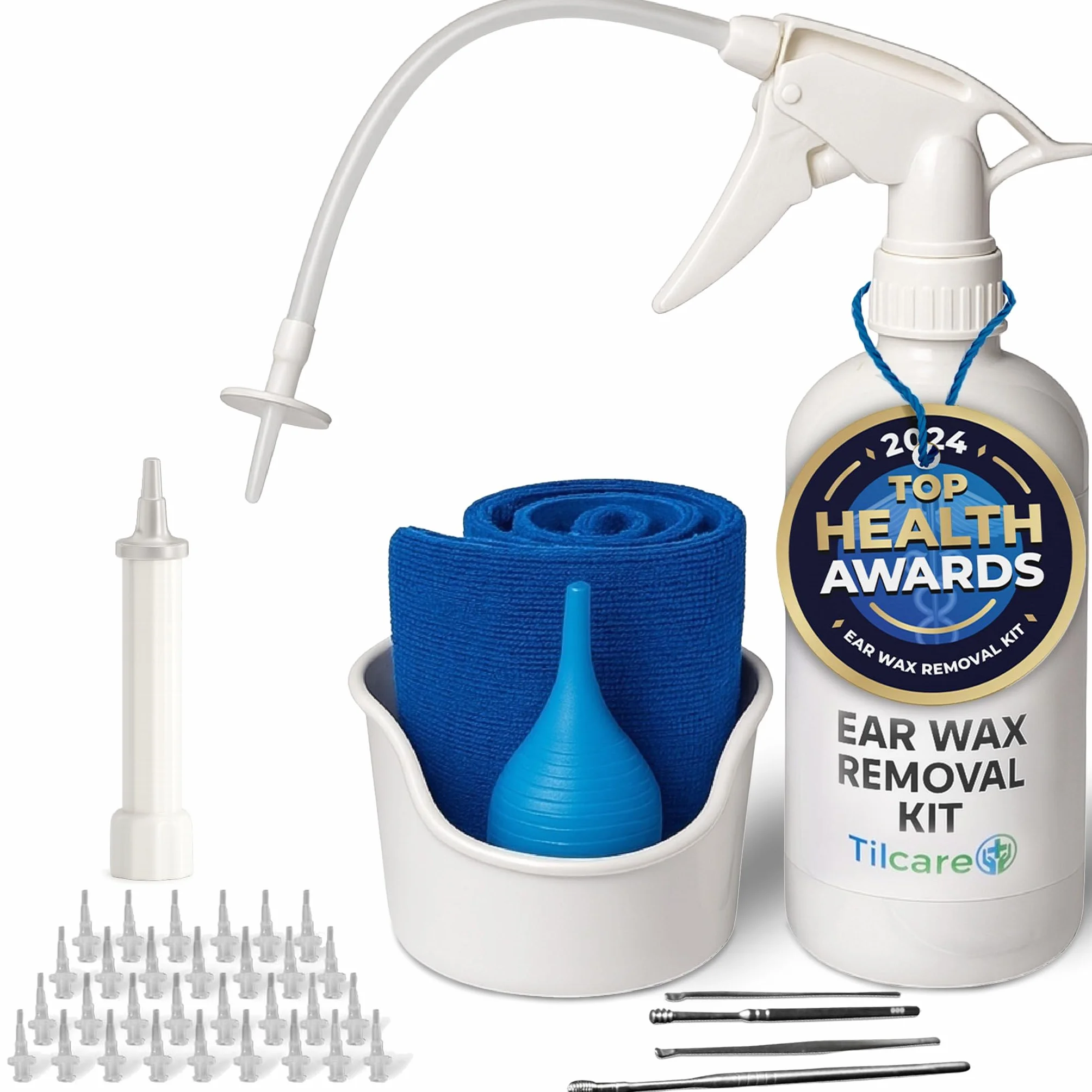 Kit Per Rimozione Cerume Di Tilcare - Sistema Di Irrigazione Per Orecchie Per Adults E Bambini - Kit Pulizia Orecchie - Include Bacinella, Siringa, Kit Di Curette, Asciugamano e 30 Punte monouso