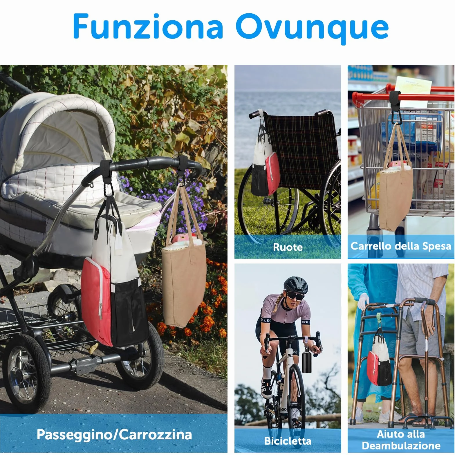 Ganci per Passeggino Porta Borse in Pelle, 2 Pezzi Universali Accessori Passeggino per Appendere Borse, Zaini e Borsa della Spesa, Antiscivolo, Cuciture Forti (Nero)