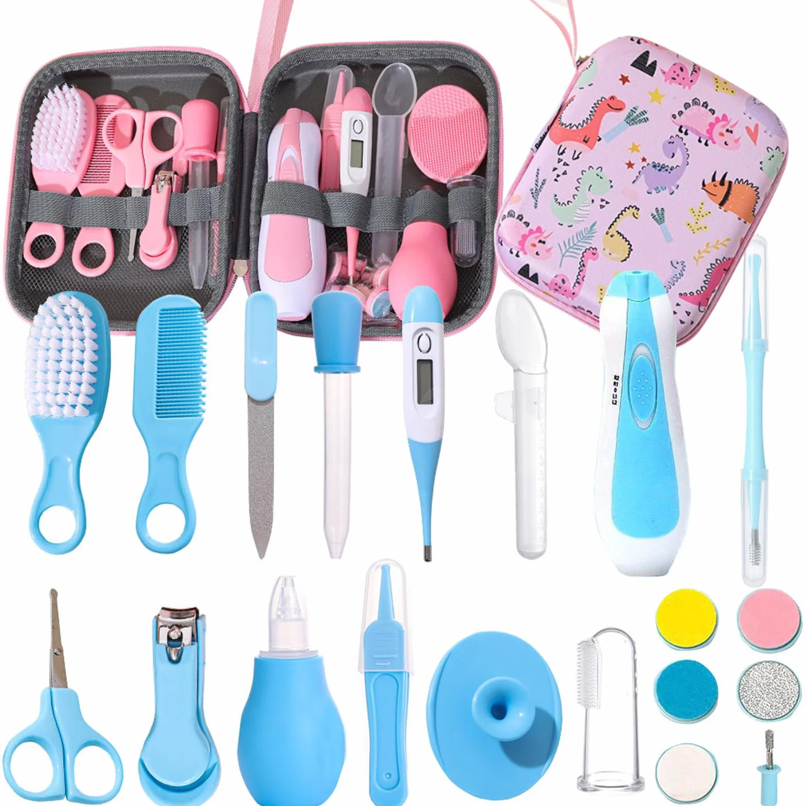 Liemuao - Astuccio per la cura del bambino, compatto e portatile, kit completo di 16 accessori, tra cui termometri, tagliaunghie, spazzole, astuccio da toilette per bambini per i viaggi e la casa del