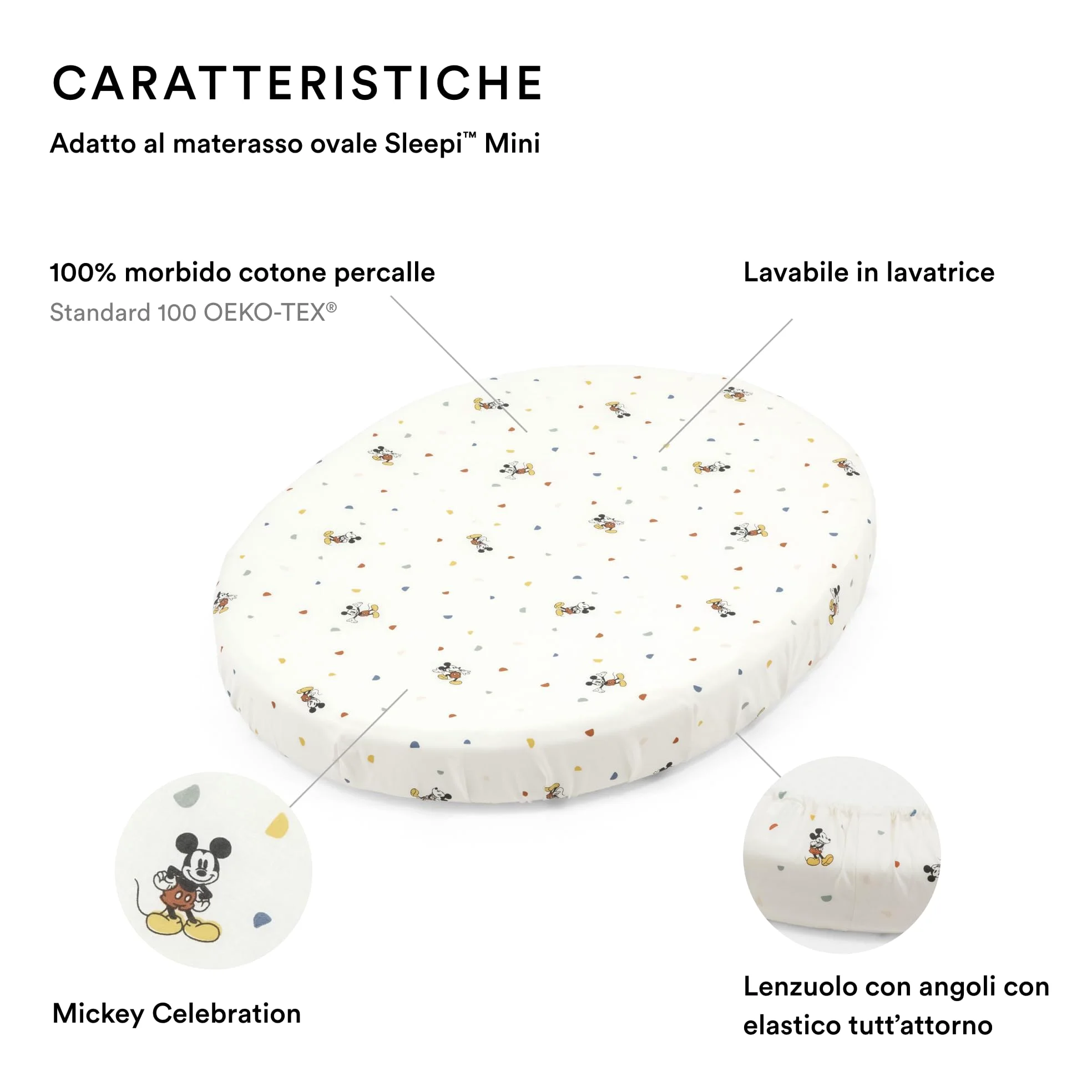 Mini lenzuolo sotto Stokke Sleepi, Mickey Celebration - Morbide lenzuola per sogni dolcissimi - Per il materasso ovale Sleepi Mini - Sicuro e Lavabile in lavatrice - 100% Morbido cotone Percalle