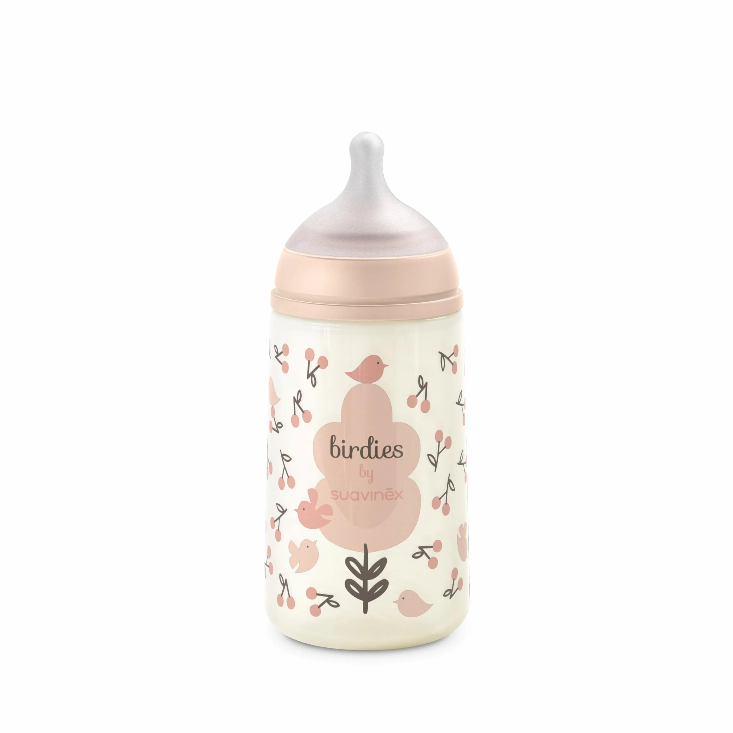 Suavinex, Biberon Anticolica da 270 ml con Tettarella Fisiologica SX Pro in Silicone, Flusso Medio (M), per Liquidi a Media Densità, Latte, Succhi o Acqua. Neonati +3 Mesi. Birdies, Rosa
