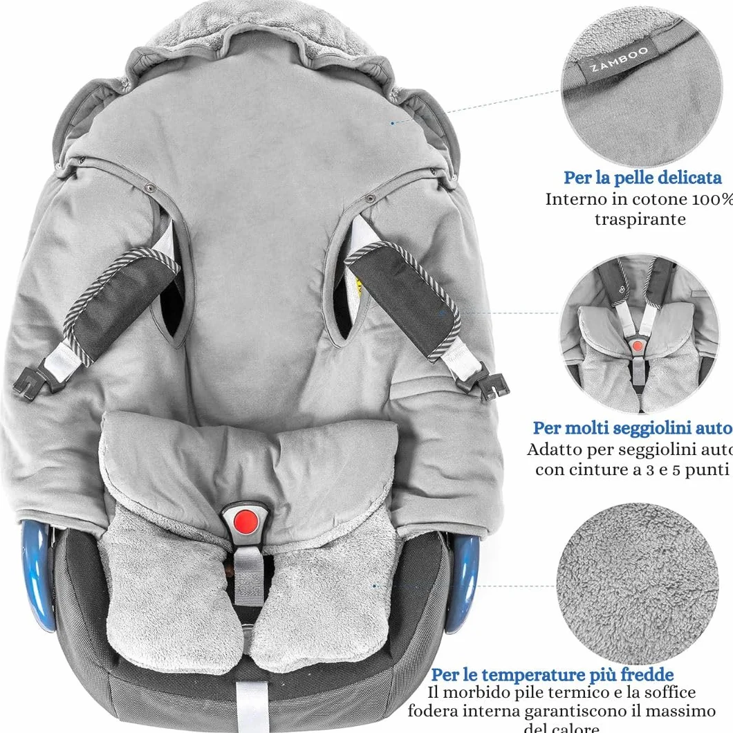 Zamboo Copertina Neonato Invernale con Piedini - Coperta Ovetto Neonato per Seggiolino Auto e Passeggino - Con Borsa - Grigio