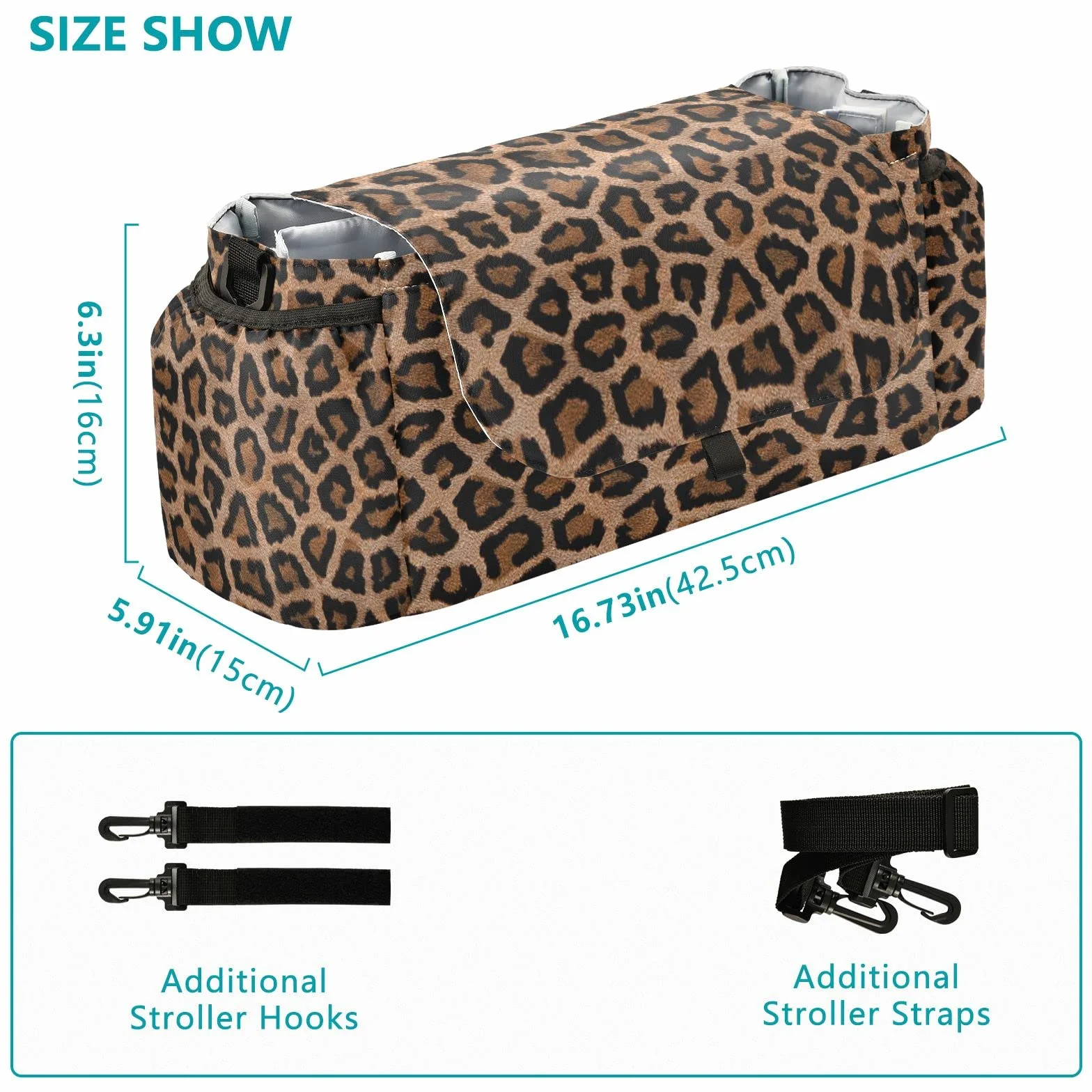 Borsa organizer per passeggino, motivo leopardato, universale, con 2 portabevande, cinghie regolabili, adatta per bottiglie, marrone, moderno