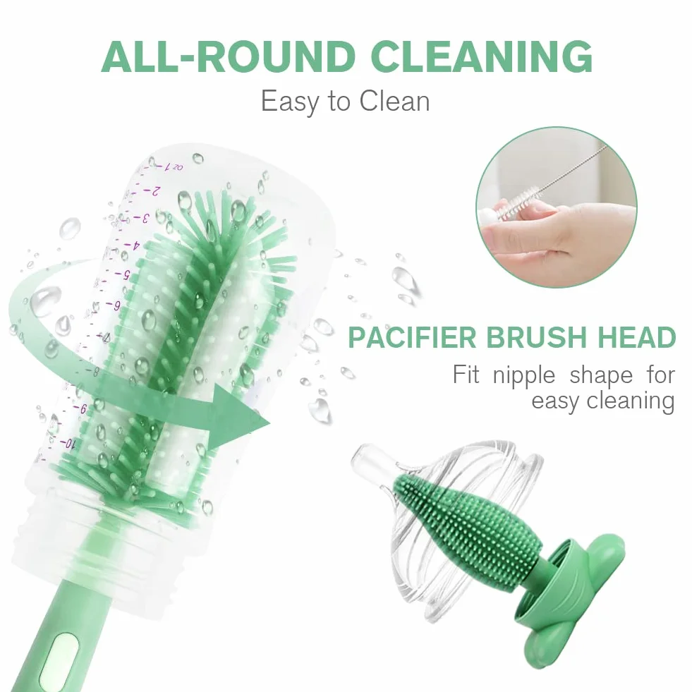 Vicloon Spazzola per Biberon, 3 in 1 Spazzola per la Pulizia di Ciuccio, Scovolino in Silicone per la Pulizia Biberon, Tettarella, Cannucce, Verde