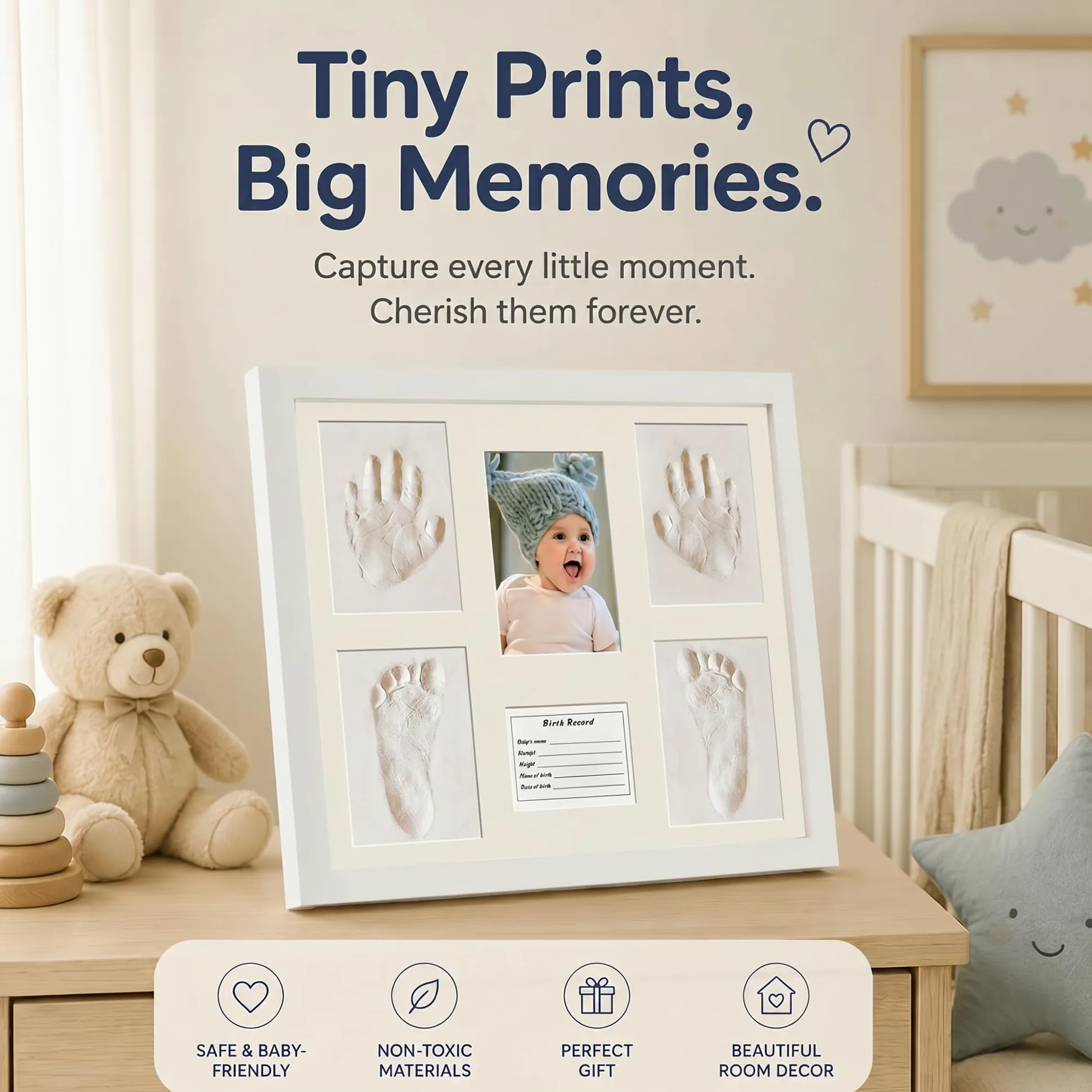 MICKYU Kit per impronte di mani e piedi del bambino | Accessori essenziali | Cornice per ricordi in legno massello, argilla asciutta all'aria aperta, regalo per neonati e baby shower