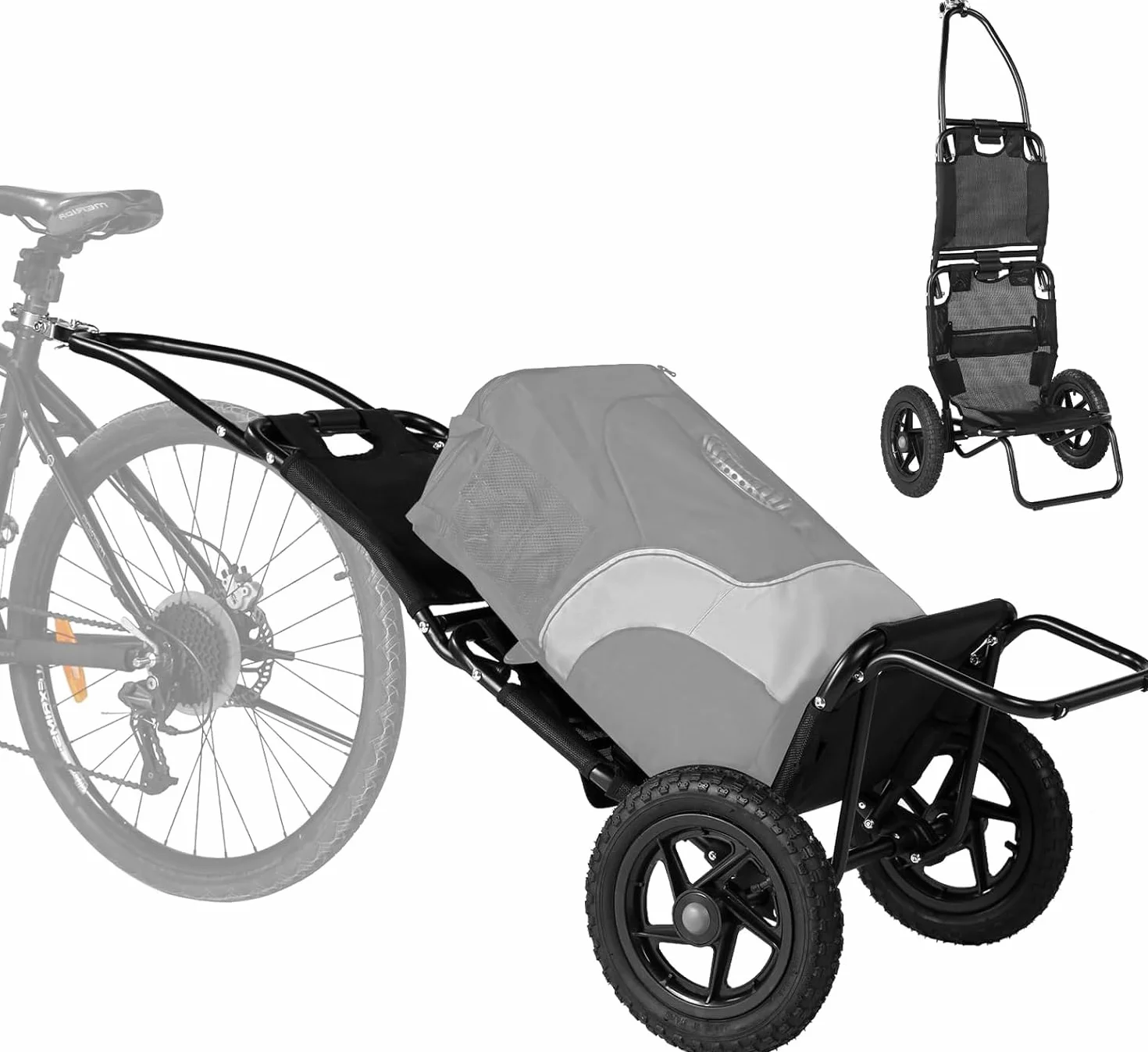 SEPNINE Rimorchio per carico bicicletta 2 in 1, carrello per la spesa, carrello a mano, telaio in acciaio legato, leggero pieghevole con pneumatici da 30 cm, peso di carico 20 kg