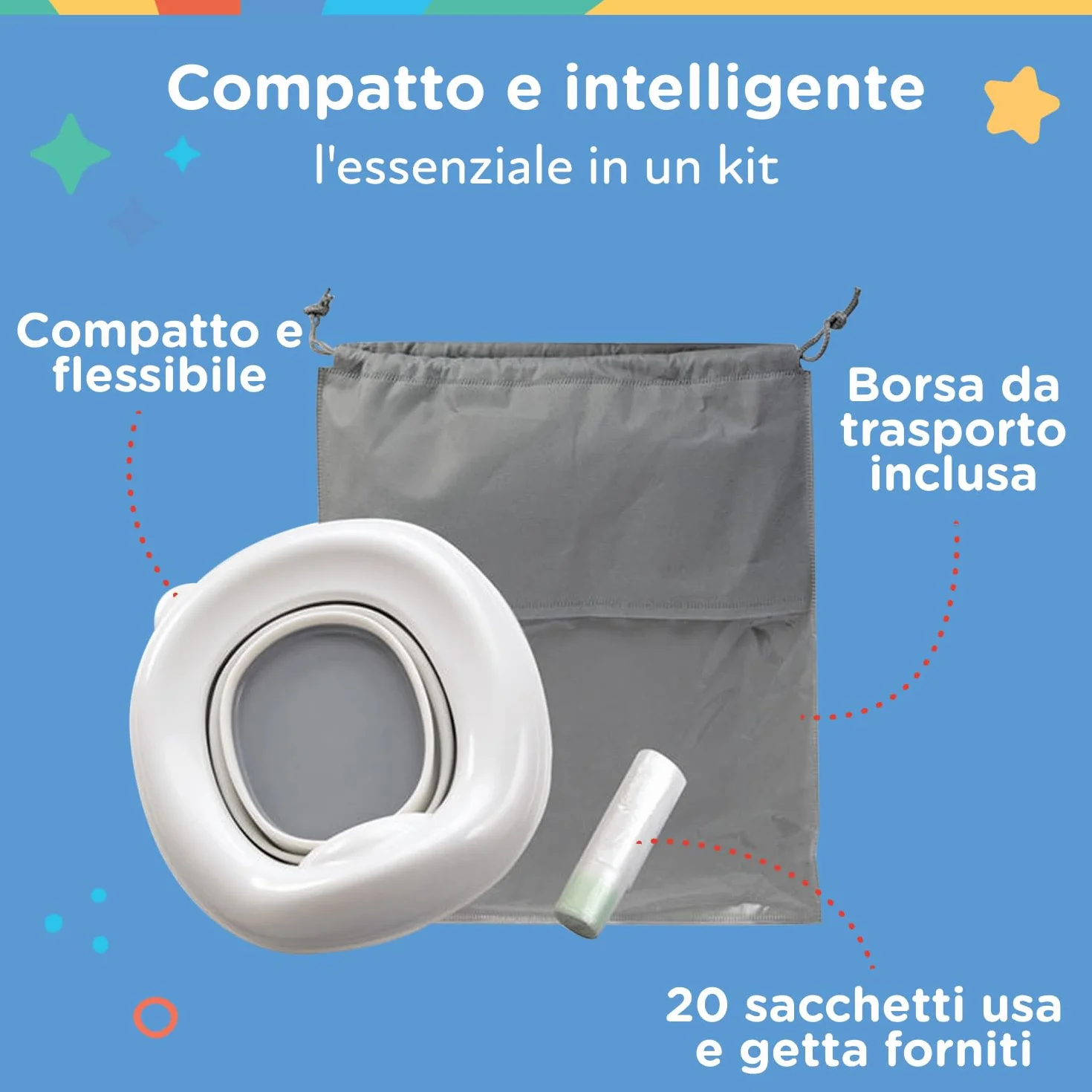 Nuby - Vasino portatile per bambini da viaggio - Wc portatile 2 in 1 Riduttore wc bambini o uso in autonomia - Con protezione paraschizzi e sacchetti usa e getta - Per imparare a usare il bagno